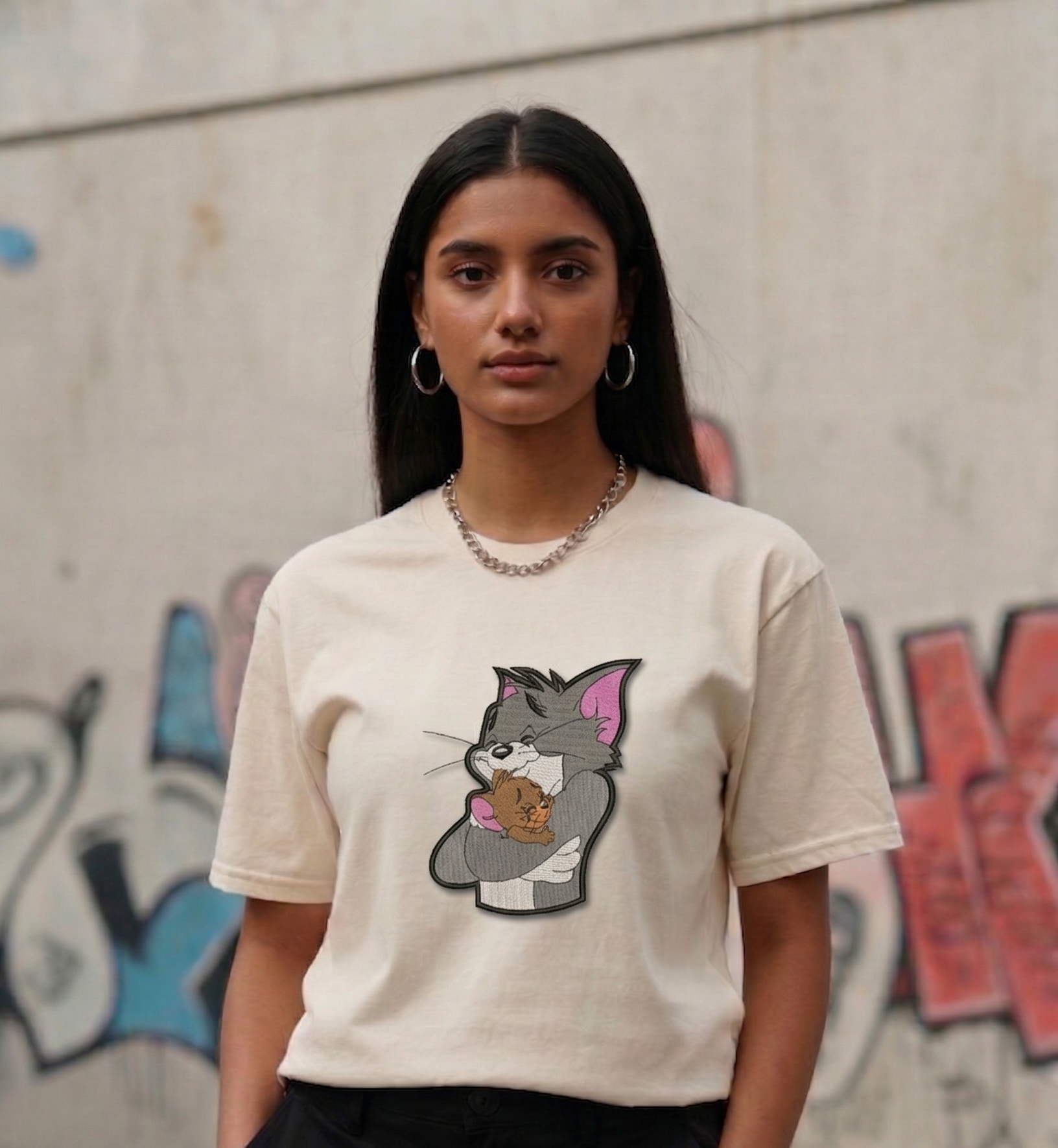 Thread Vibes Tom & Jerry Embroidered Off-White Oversized T-Shirt