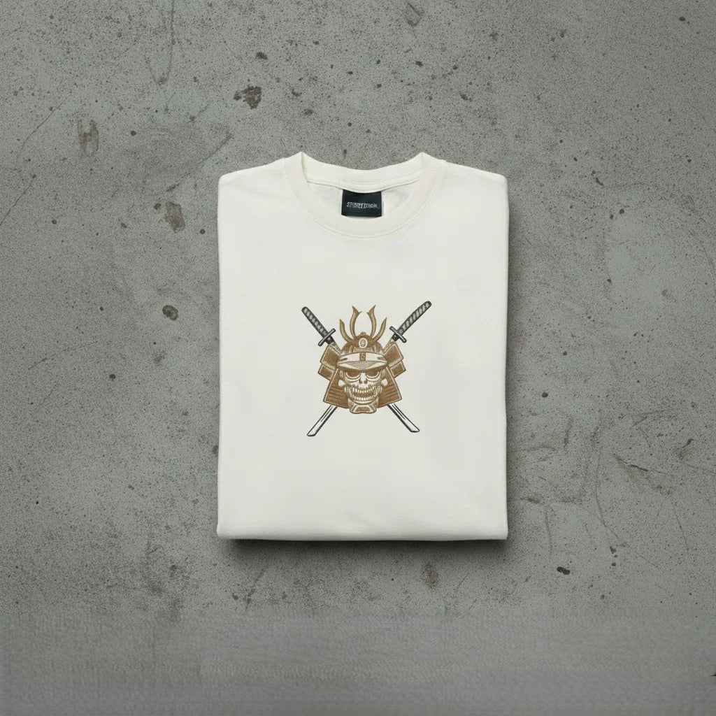 Thread Vibes Samurai Skull Embroidered Off-White Oversized T-Shirt