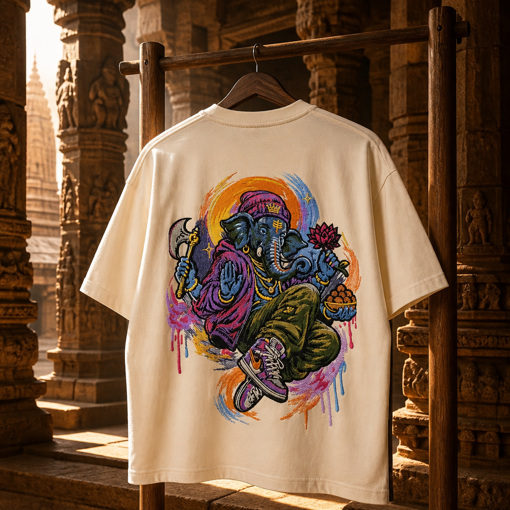 Lord Ganesha's Embroidered Oversized T-Shirt for Men Off-White | Spiritual Streetwear Tee