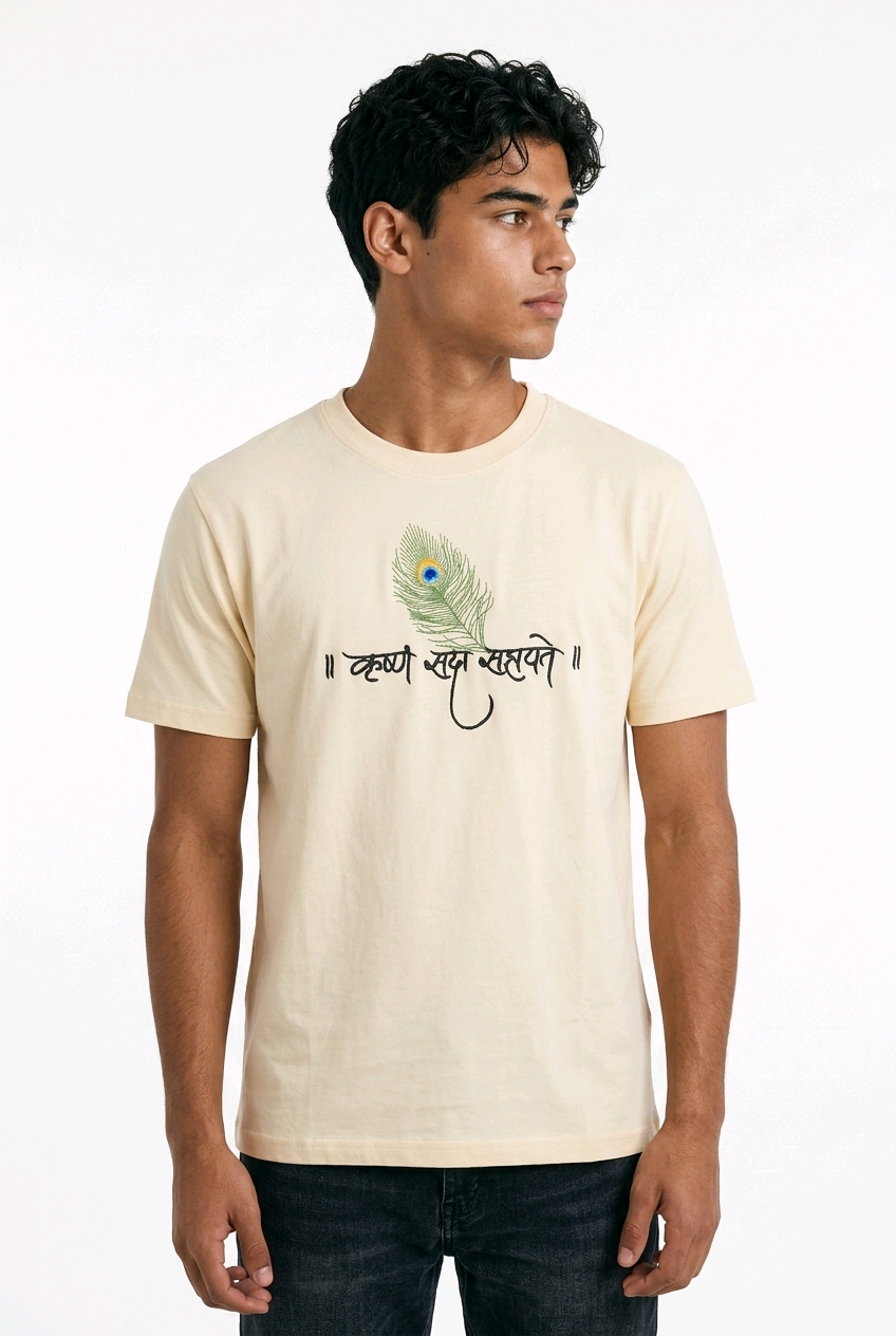Lord Krishna Embroidered Oversized T-Shirt for Men Off- White| Spiritual Streetwear Tee