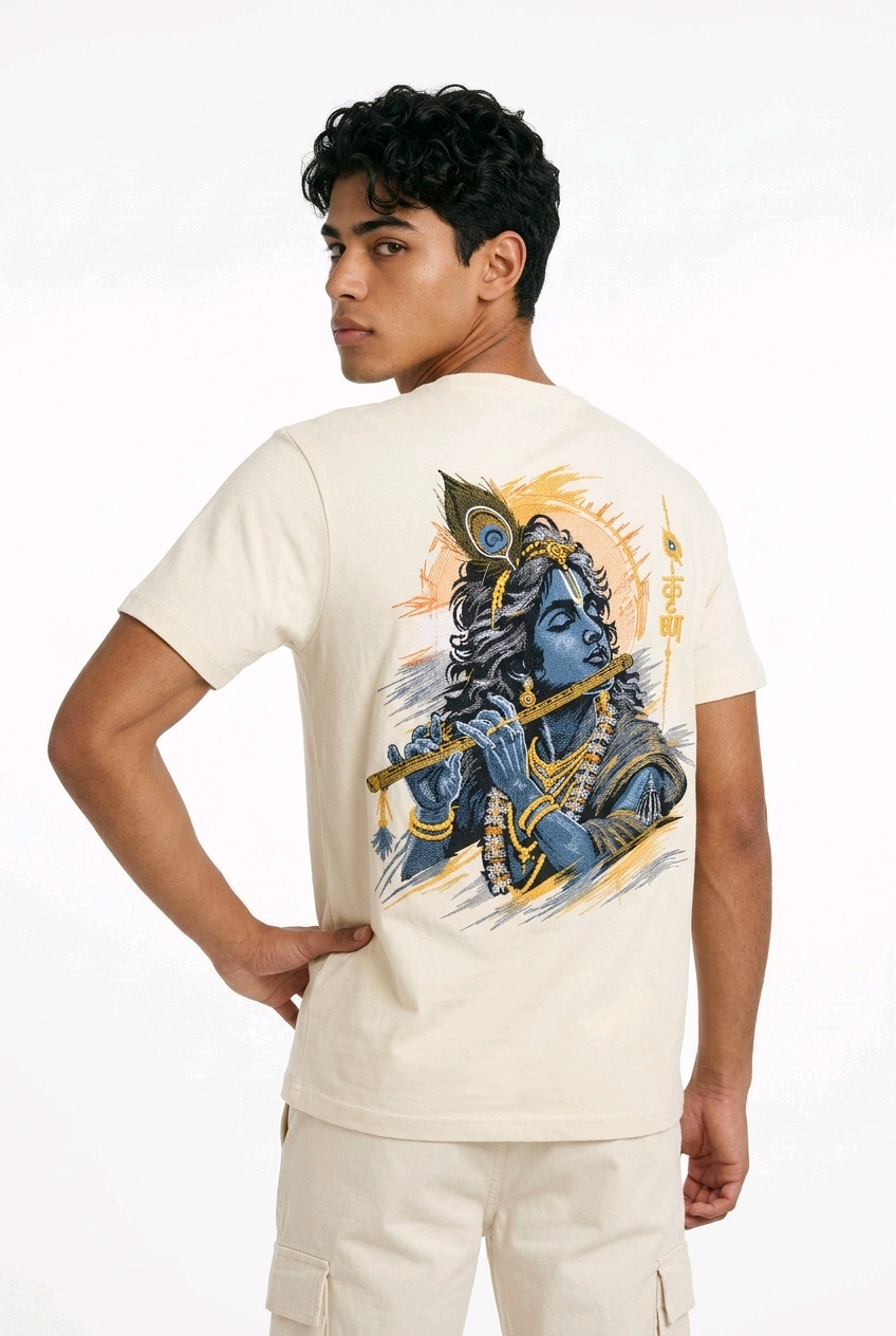 Lord Krishna Embroidered Oversized T-Shirt for Men Off- White| Spiritual Streetwear Tee