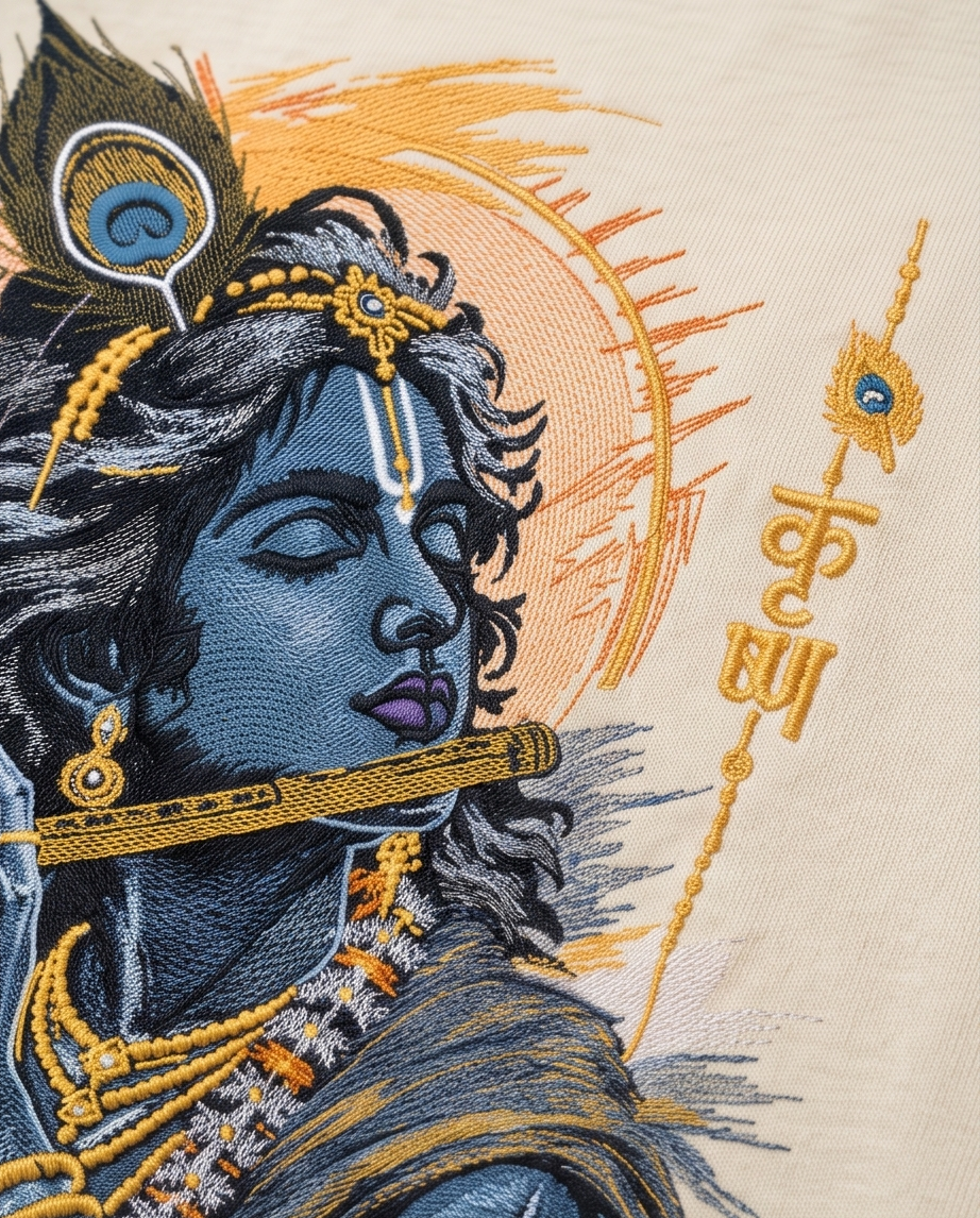 Lord Krishna Embroidered Oversized T-Shirt for Men Off- White| Spiritual Streetwear Tee