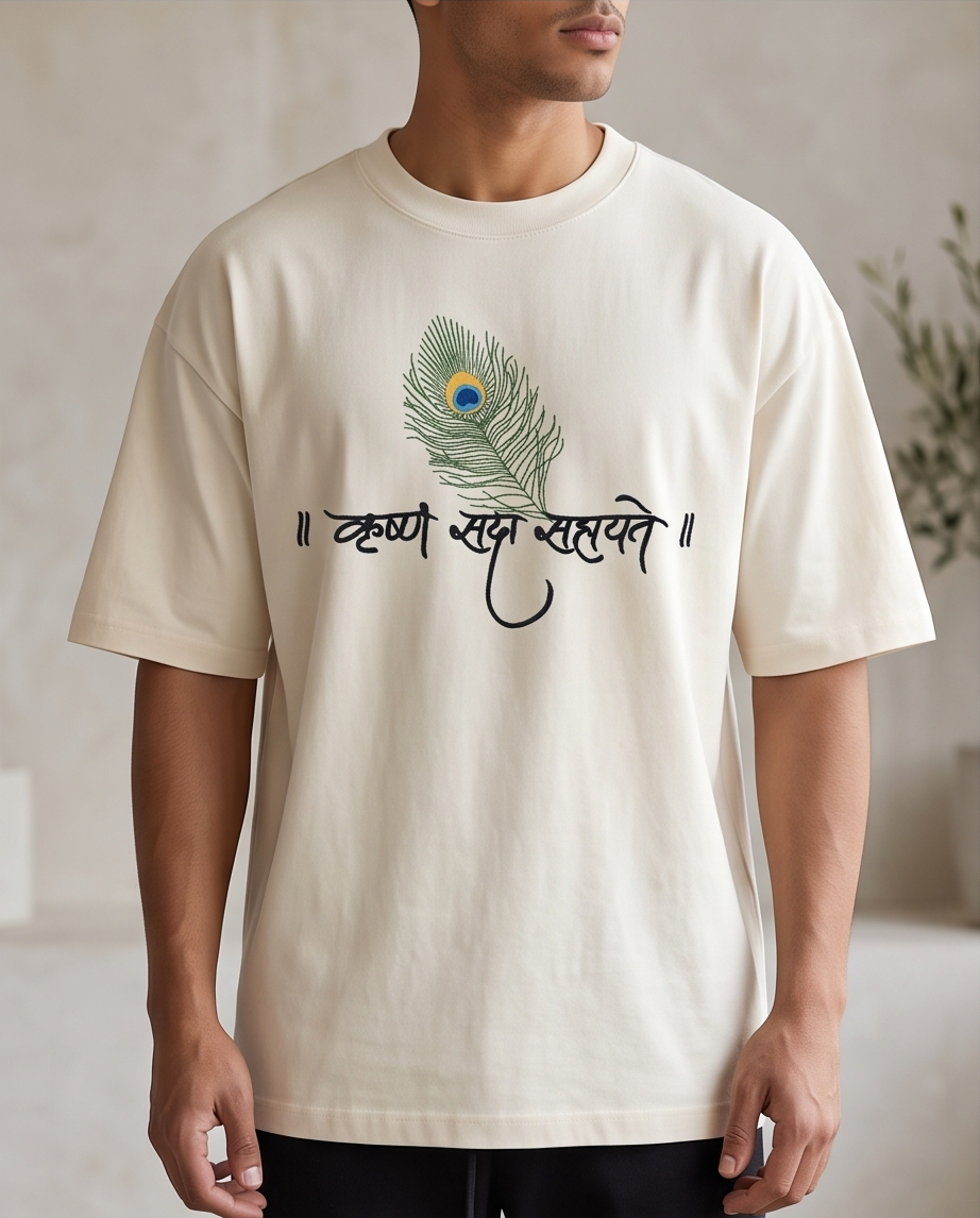 Lord Krishna Embroidered Oversized T-Shirt for Men Off- White| Spiritual Streetwear Tee