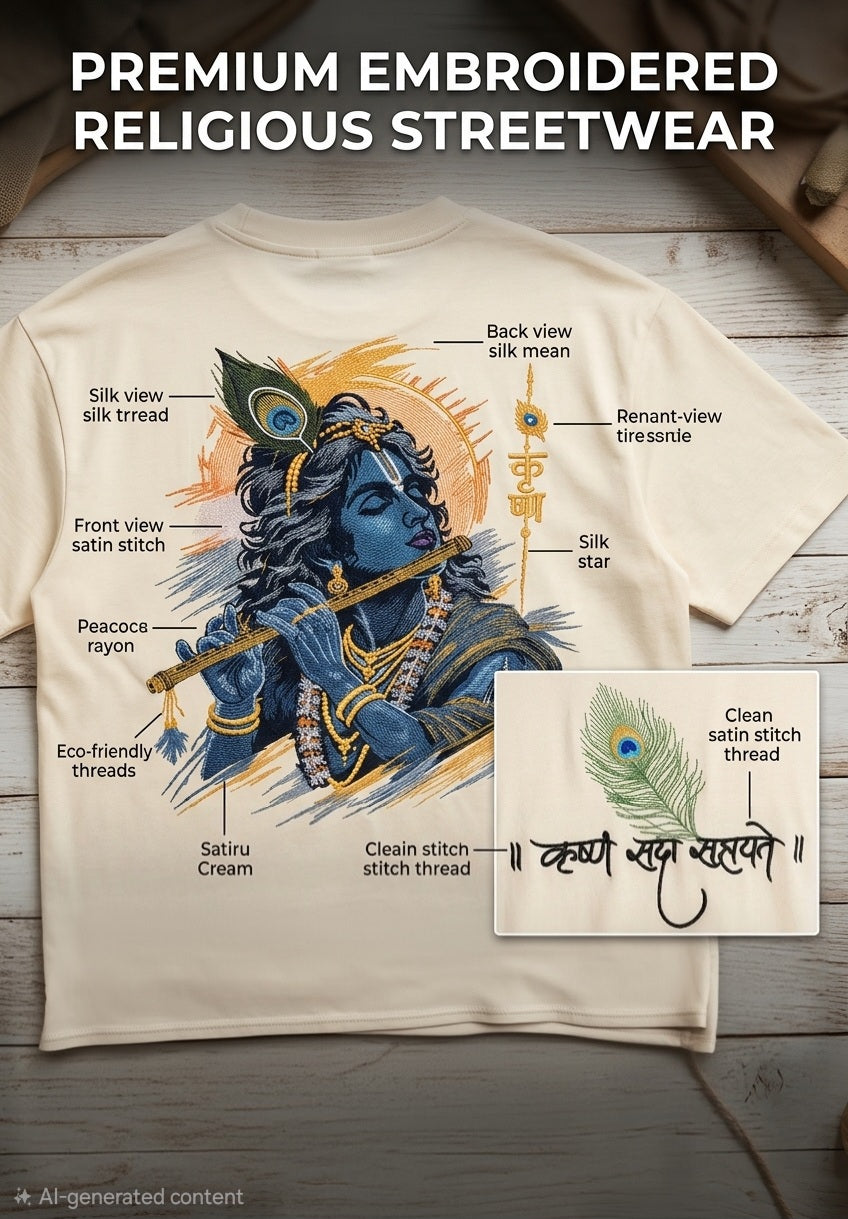 Lord Krishna Embroidered Oversized T-Shirt for Men Off- White| Spiritual Streetwear Tee