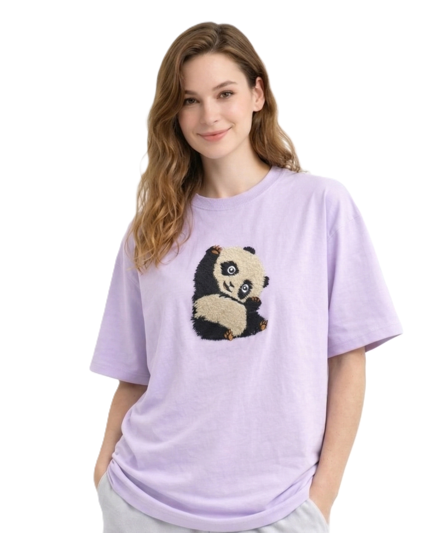 Cute Panda Embroidered Lavender Oversized T-Shirt for Women