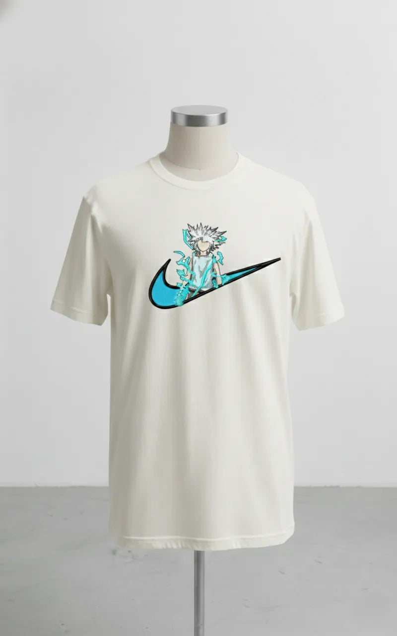 Thread Vibes Thunder Anime Embroidered Off-White Oversized T-Shirt