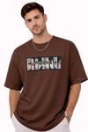 "Anetoonz premium brown oversized streetwear T-shirt for men with half sleeves and custom anime-themed embroidery."