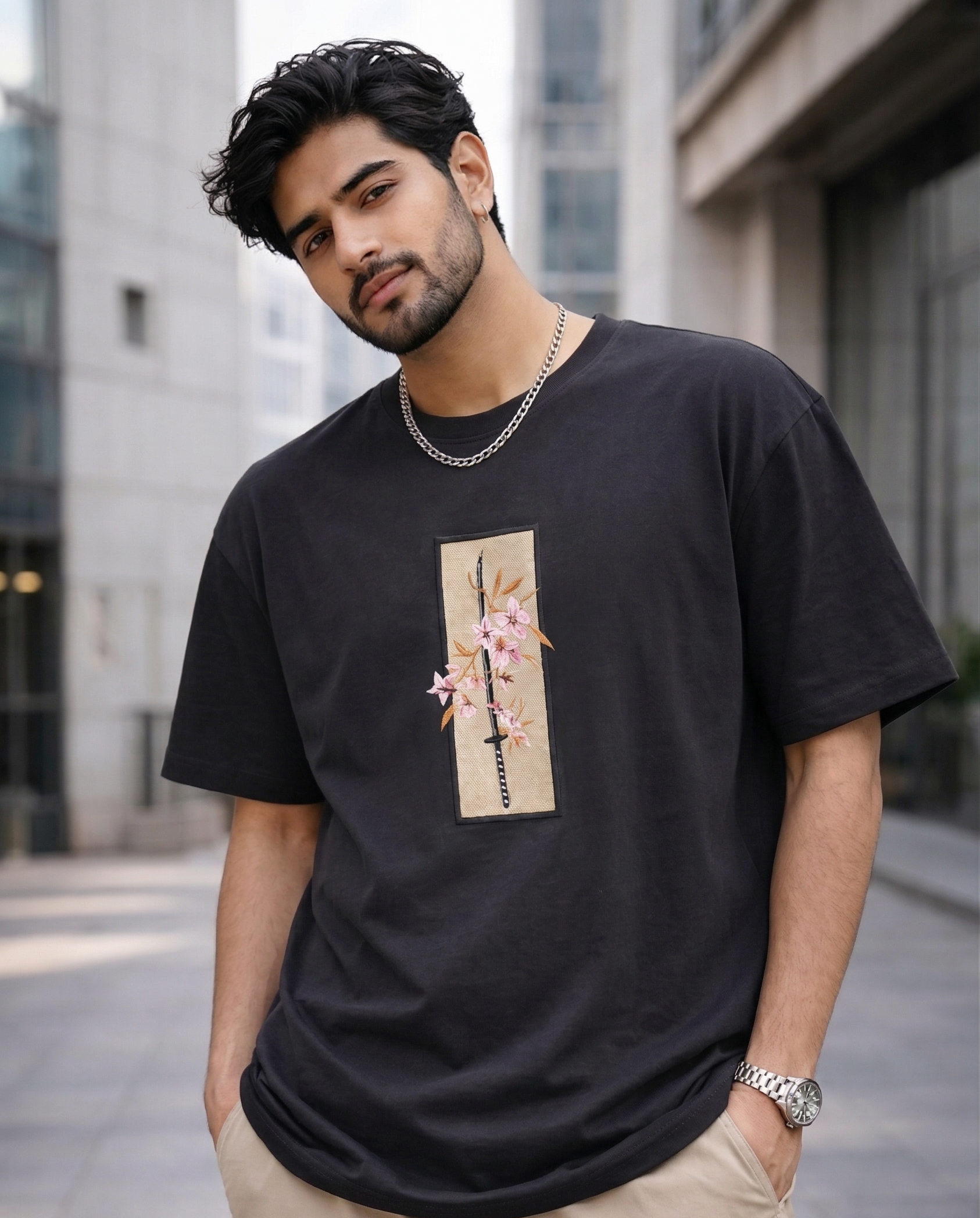 Black Oversized Katana & Sakura Embroidered Graphic Tee