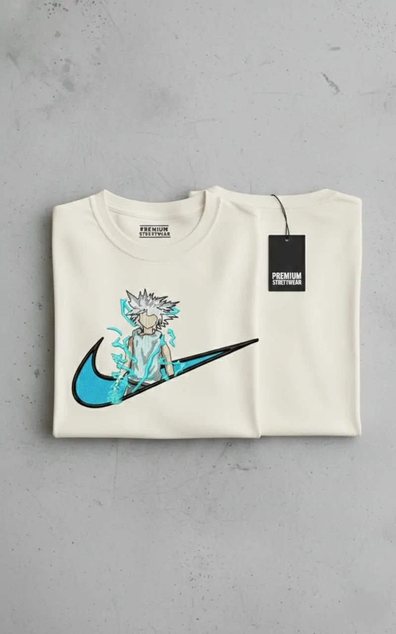 Thread Vibes Thunder Anime Embroidered Off-White Oversized T-Shirt