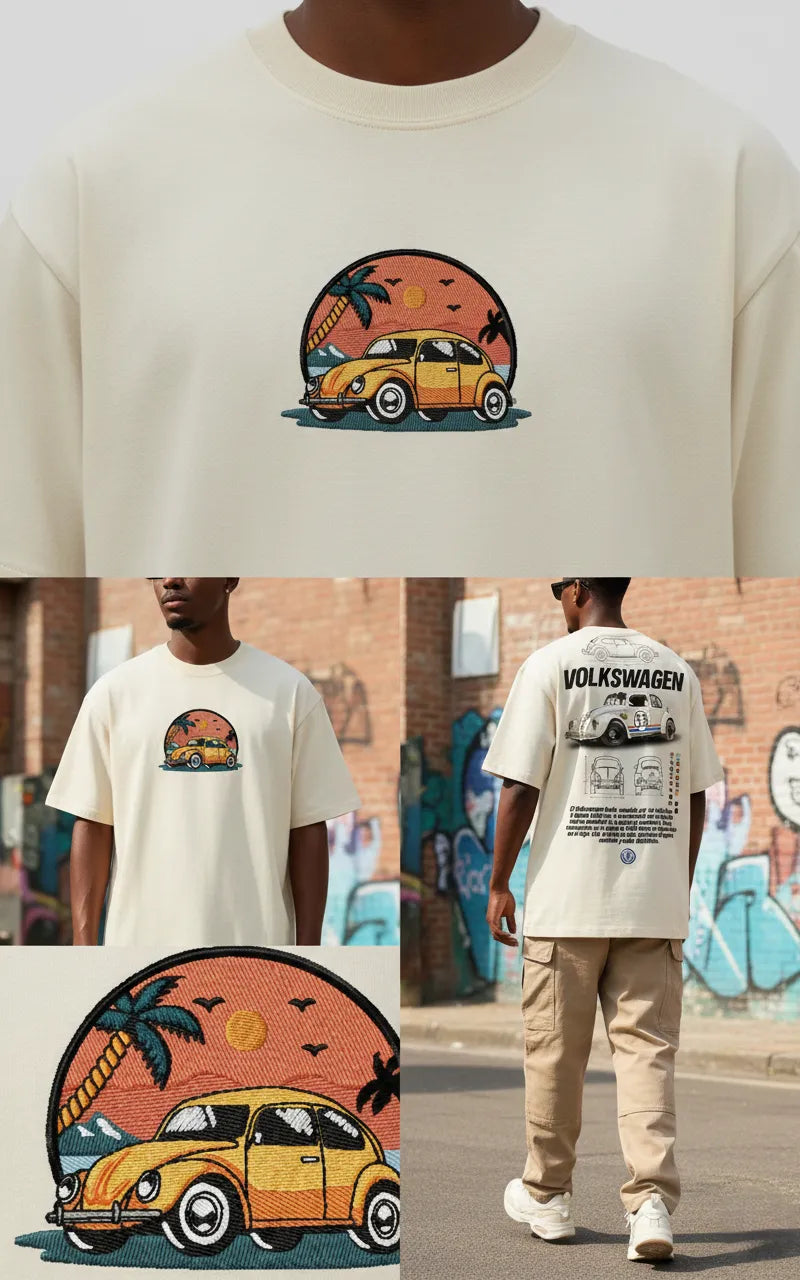 Vintage Car Embroidered Off-White Oversized T-Shirt