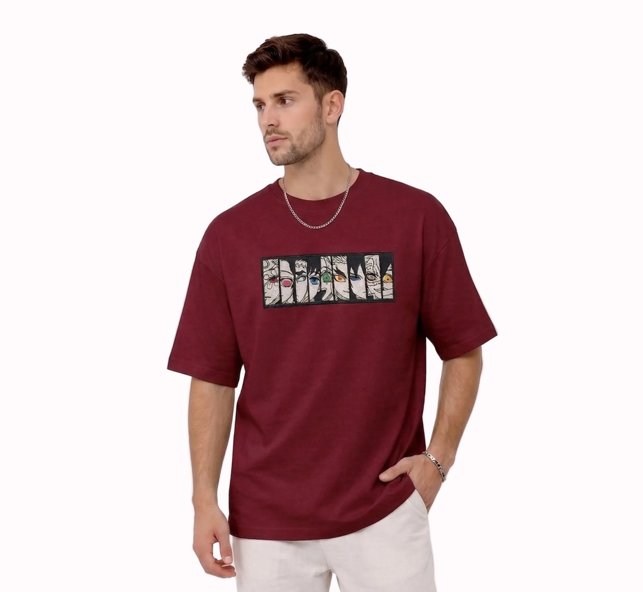 "Anetoonz premium maroon oversized streetwear T-shirt for men with half sleeves and custom anime-themed embroidery."
