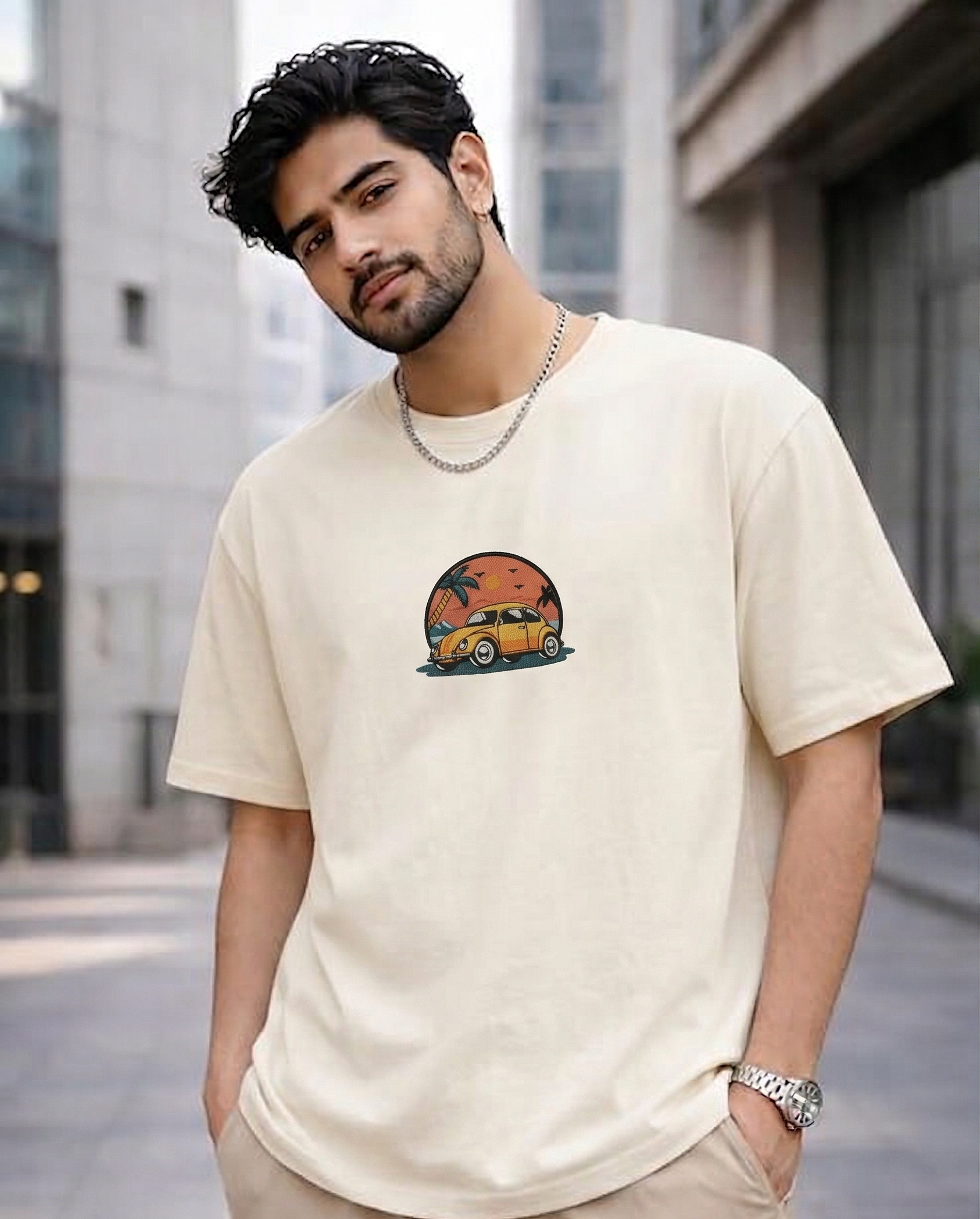 Vintage Car Embroidered Off-White Oversized T-Shirt