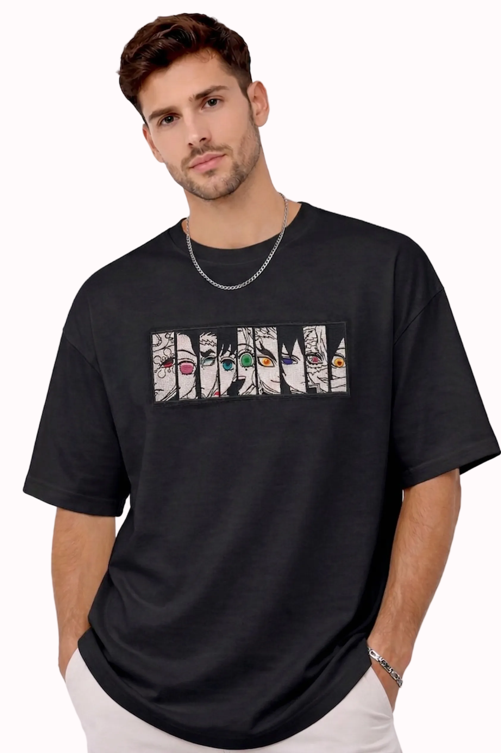 "Anetoonz premium black oversized streetwear T-shirt for men with half sleeves and custom anime-themed embroidery."