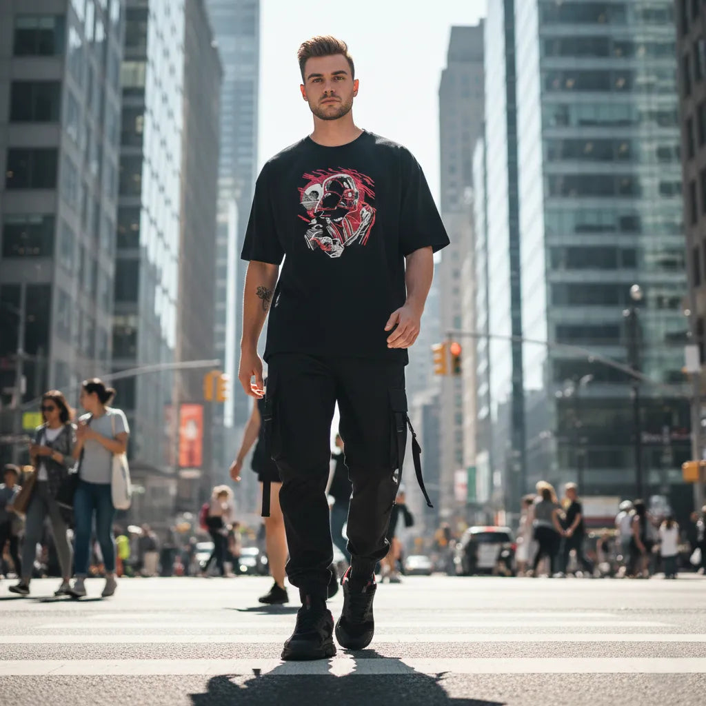 Thread Vibes Dark Warrior Embroidered Black Oversized T-Shirt