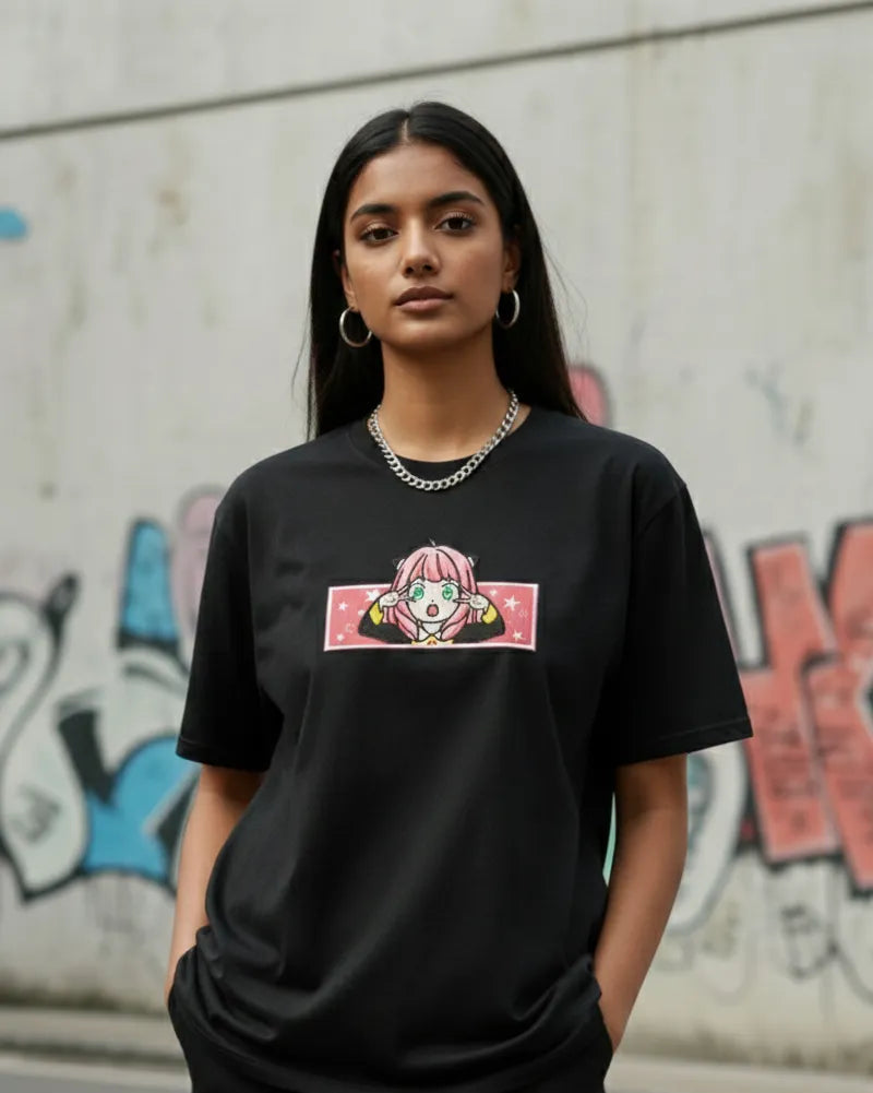 Thread Vibes Cute Anime Embroidered Black Washed T-Shirt