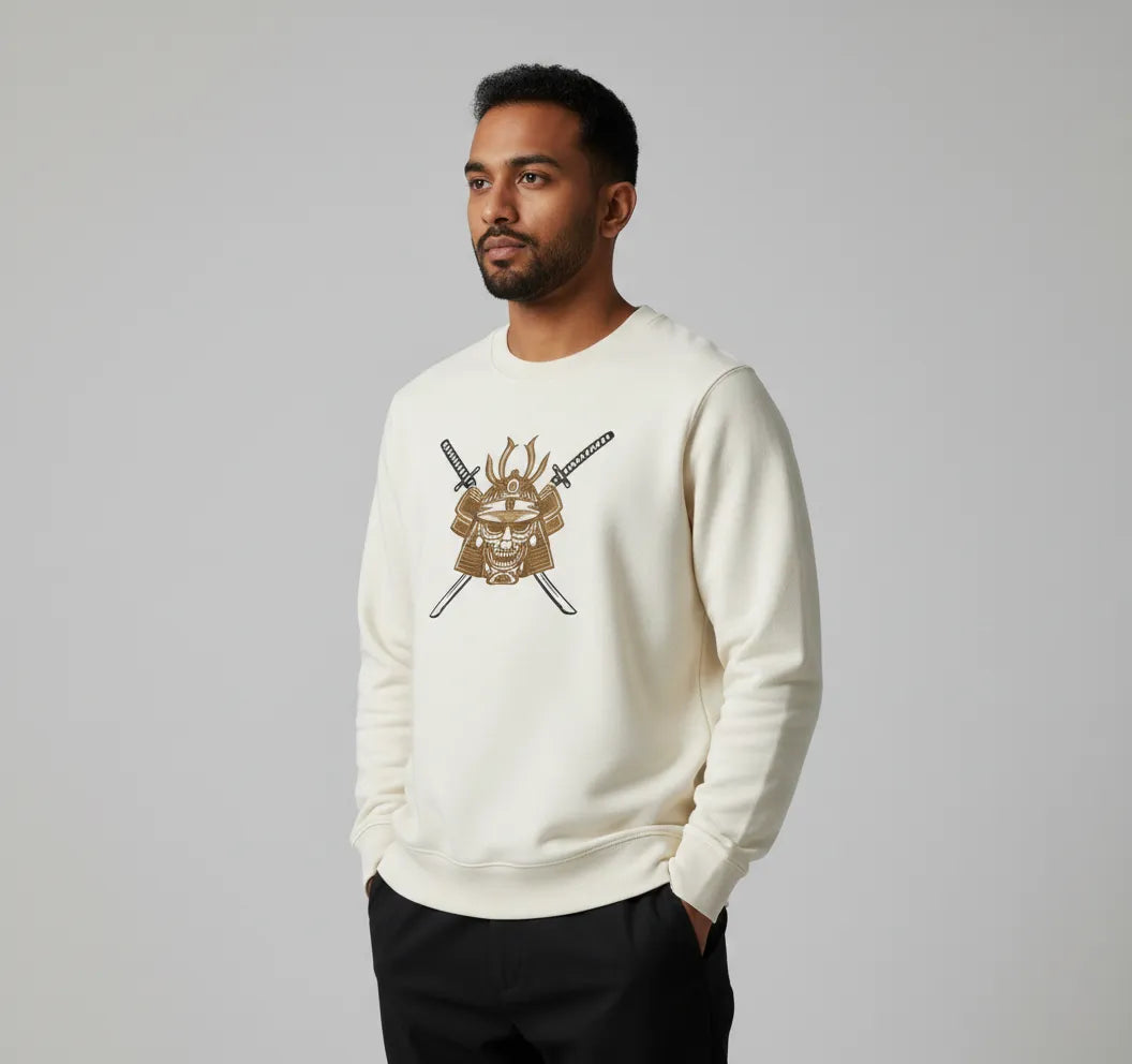 Thread Vibes Samurai Skull Embroidered Off-White Oversized T-Shirt