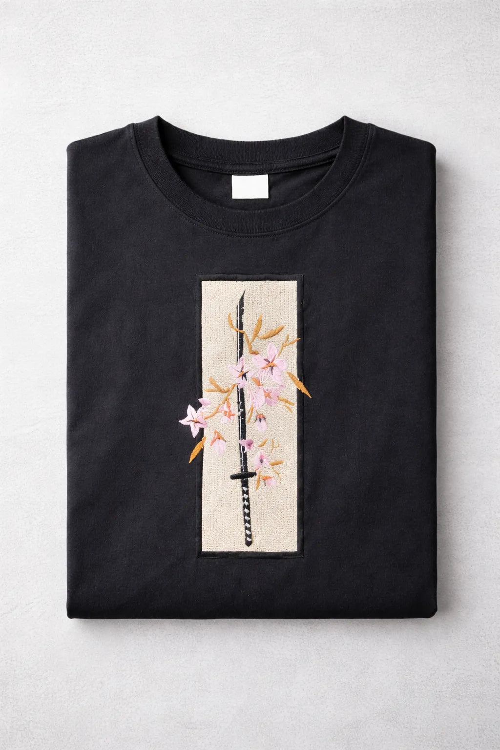 Black Oversized Katana & Sakura Embroidered Graphic Tee