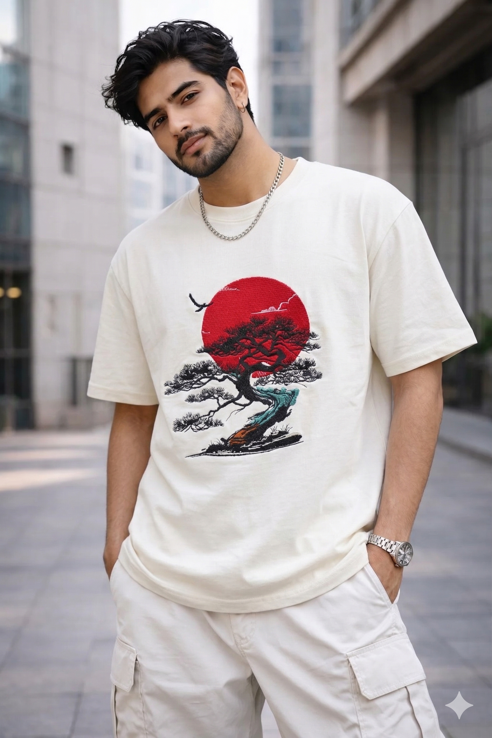 Bonsai & Red Sun Embroidered Graphic T-Shirt