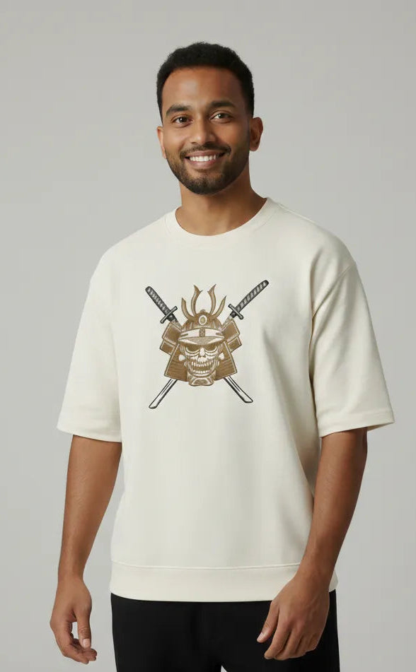 Thread Vibes Samurai Skull Embroidered Off-White Oversized T-Shirt
