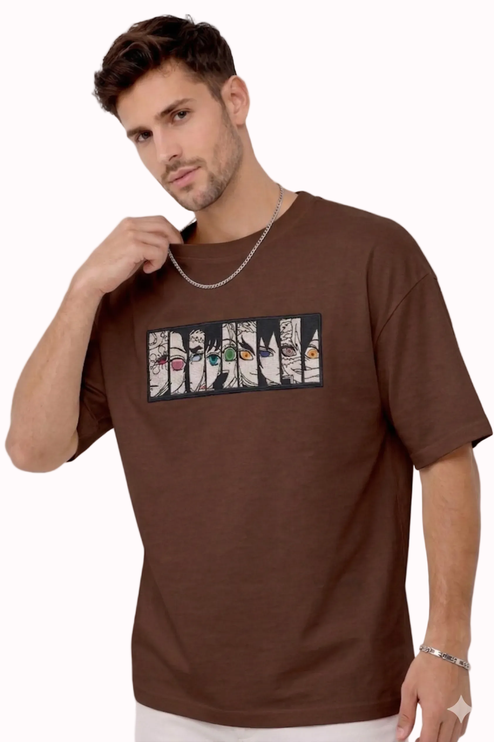 "Anetoonz premium brown oversized streetwear T-shirt for men with half sleeves and custom anime-themed embroidery."