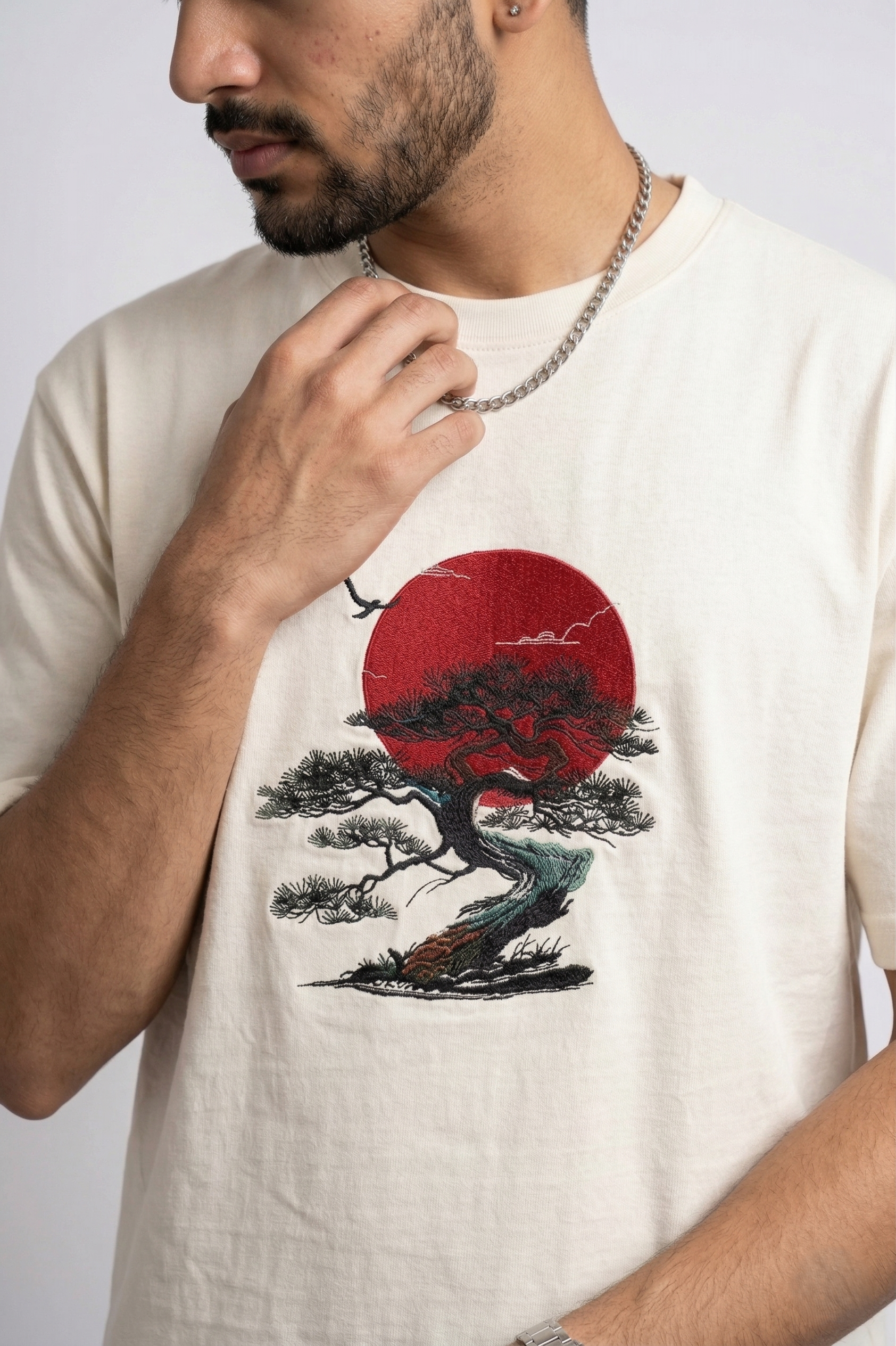Bonsai & Red Sun Embroidered Graphic T-Shirt