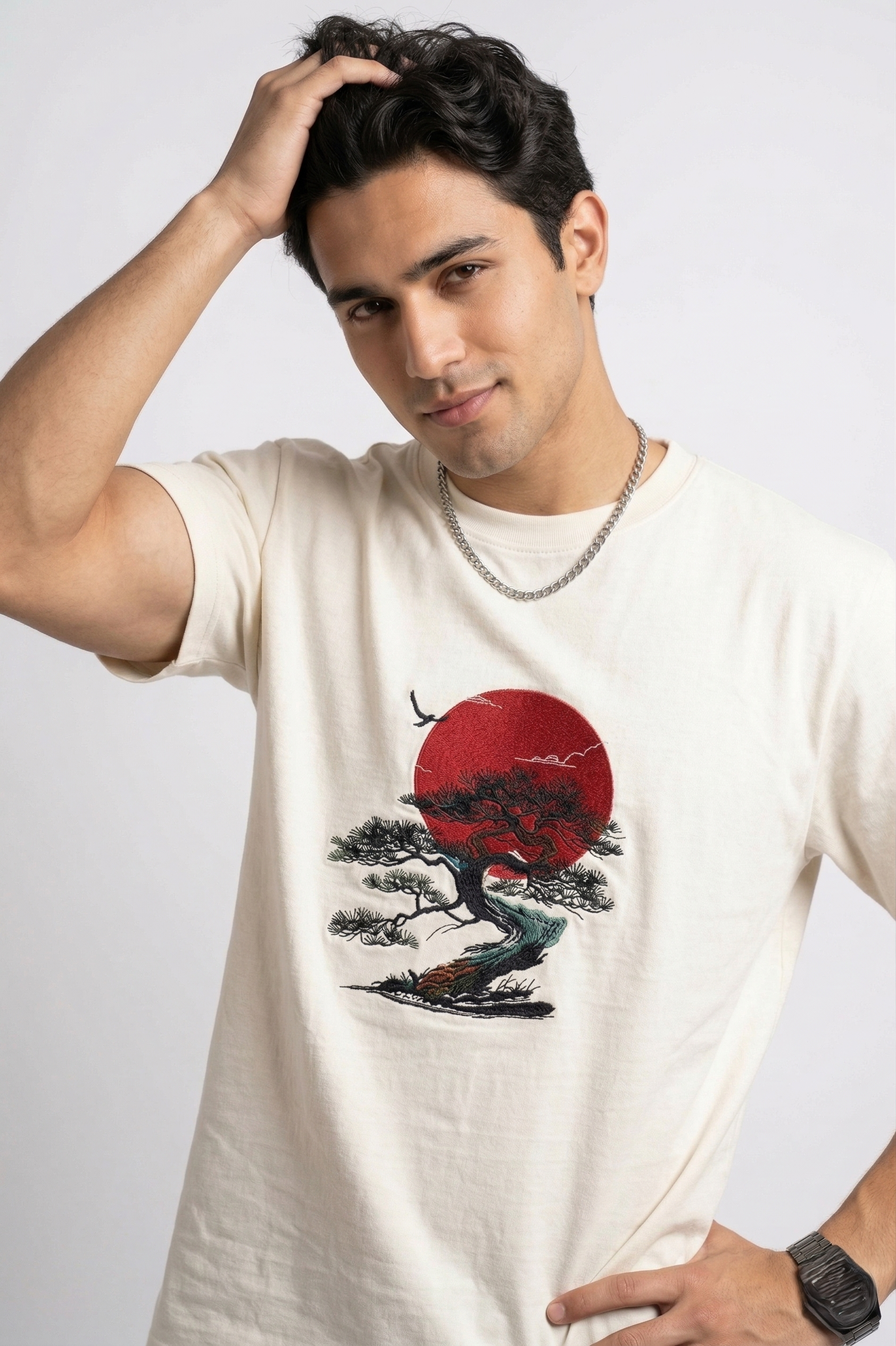 Bonsai & Red Sun Embroidered Graphic T-Shirt