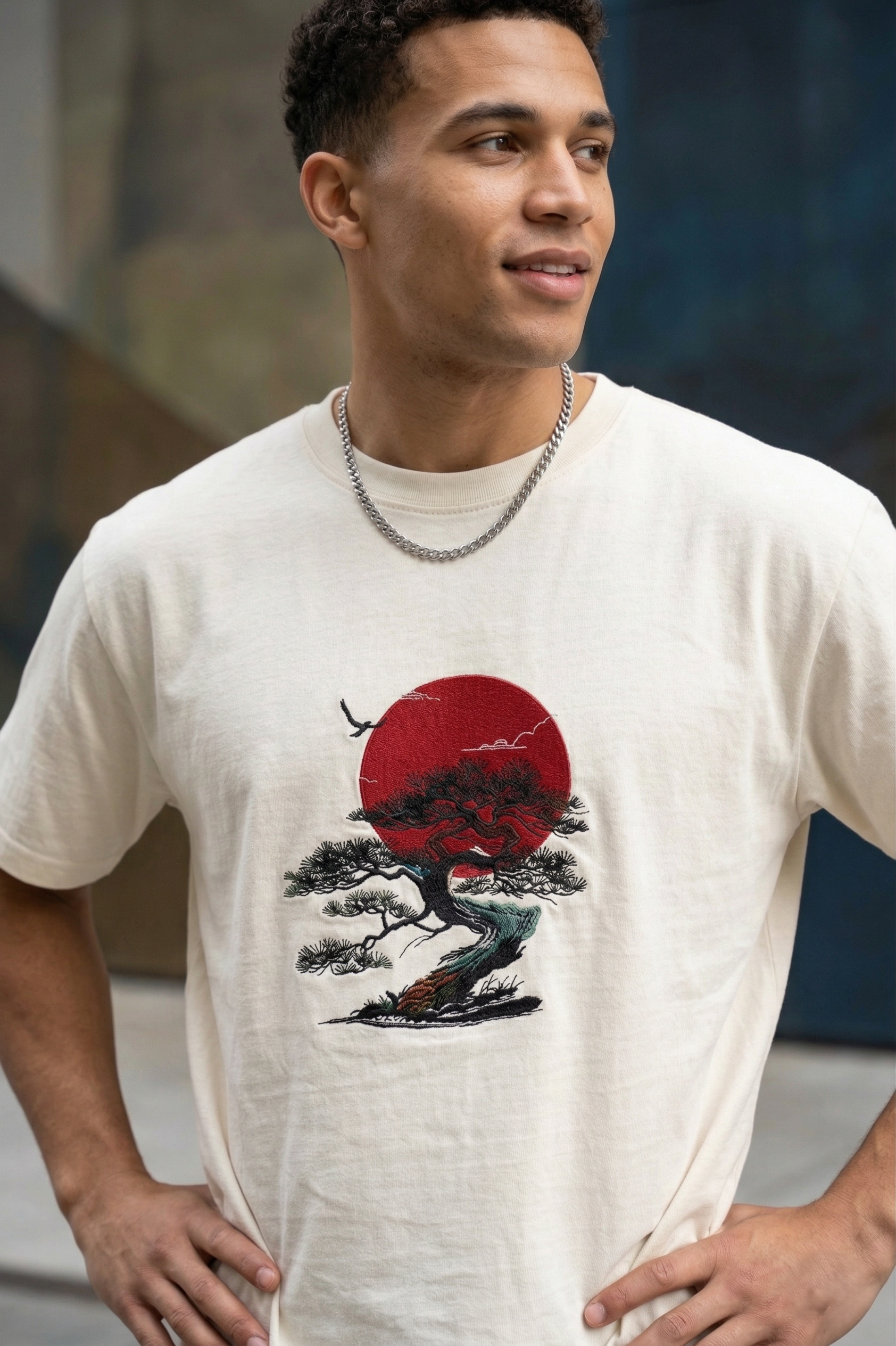 Bonsai & Red Sun Embroidered Graphic T-Shirt