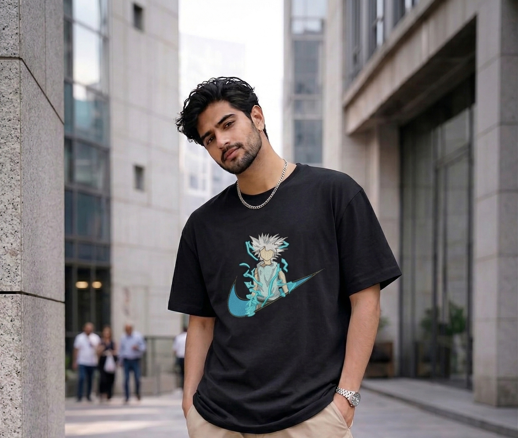 Thread Vibes Thunder Anime Embroidered Black T-Shirt
