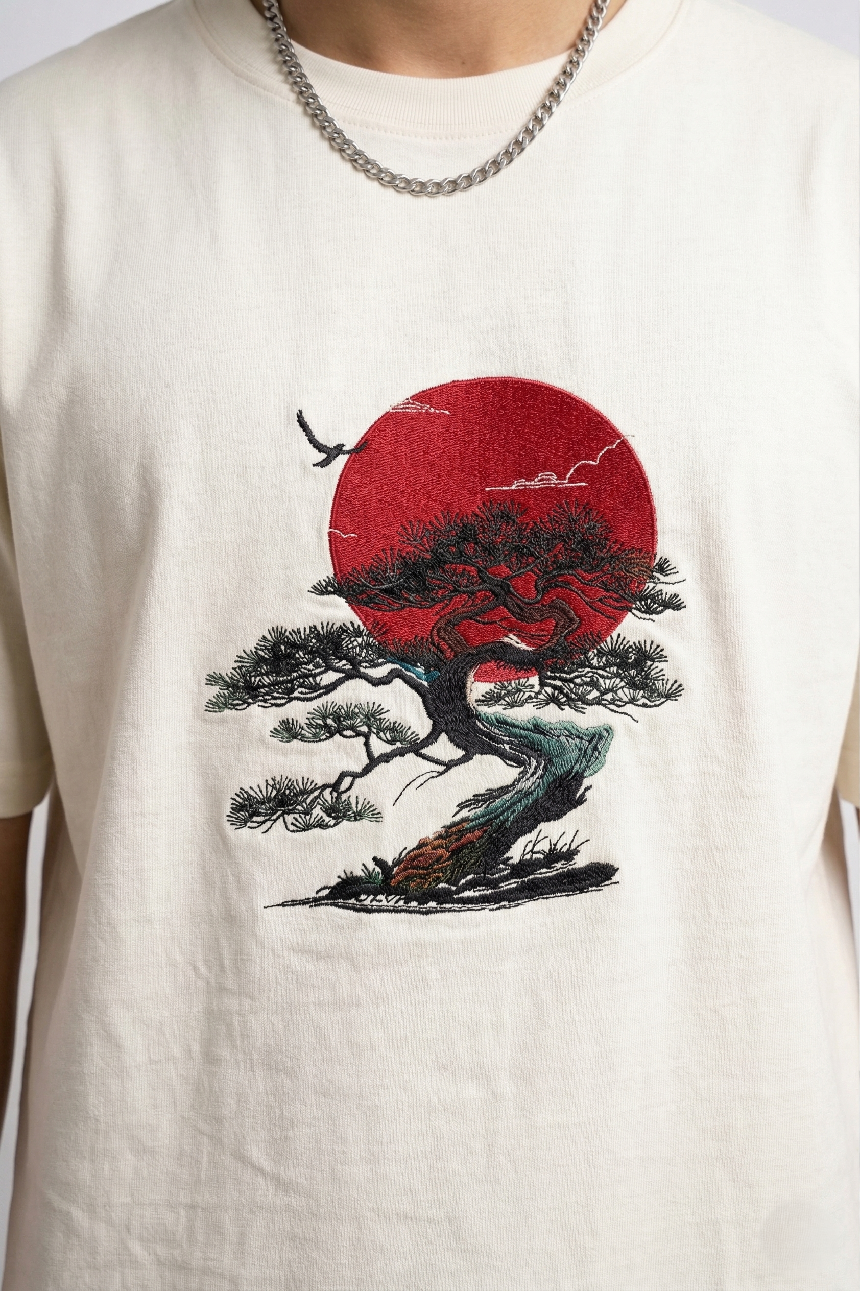 Bonsai & Red Sun Embroidered Graphic T-Shirt