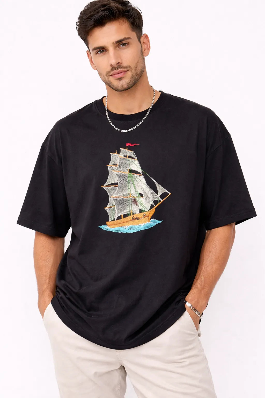 Sailor Voyage Embroidered Oversized Black T-Shirt