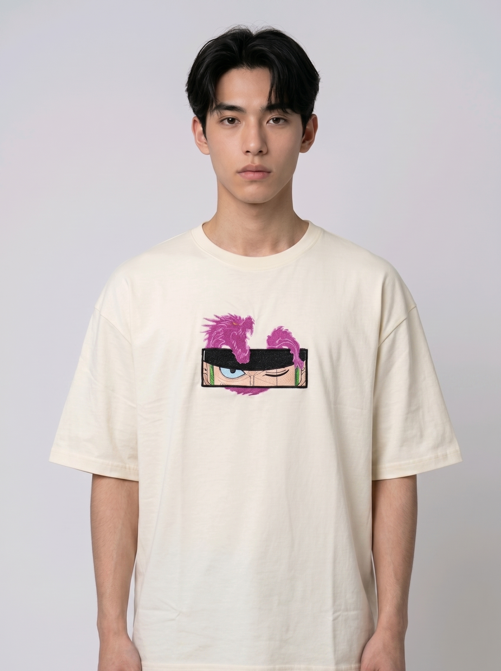 Anime Embroidery T-shirt, Oversized Streetwear Tee, Custom Graphic Apparel, Direct Embroidery Shirt, Purple Dragon Eye Design.