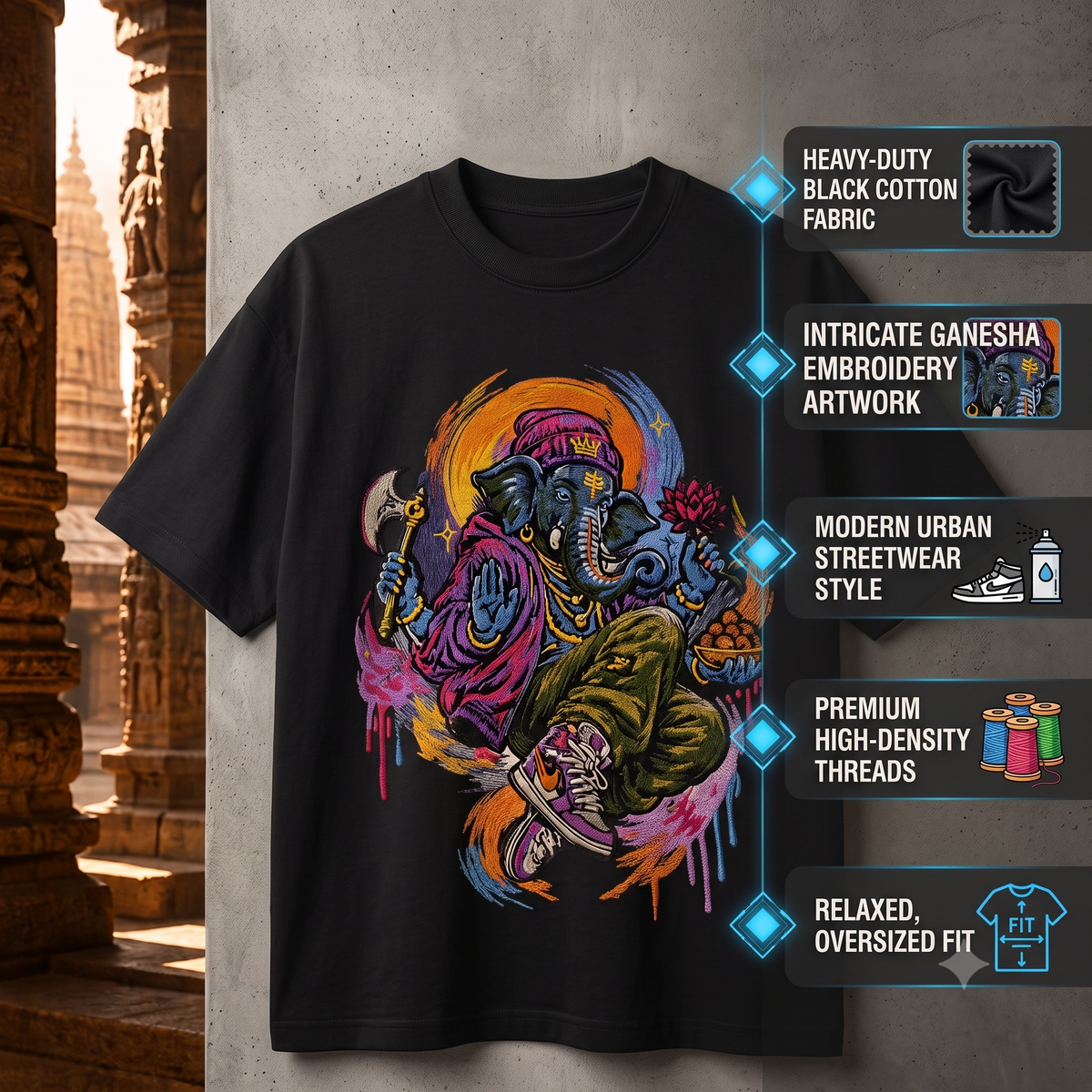 Lord Ganesha's Embroidered Oversized T-Shirt for Men BLACK | Spiritual Streetwear Tee