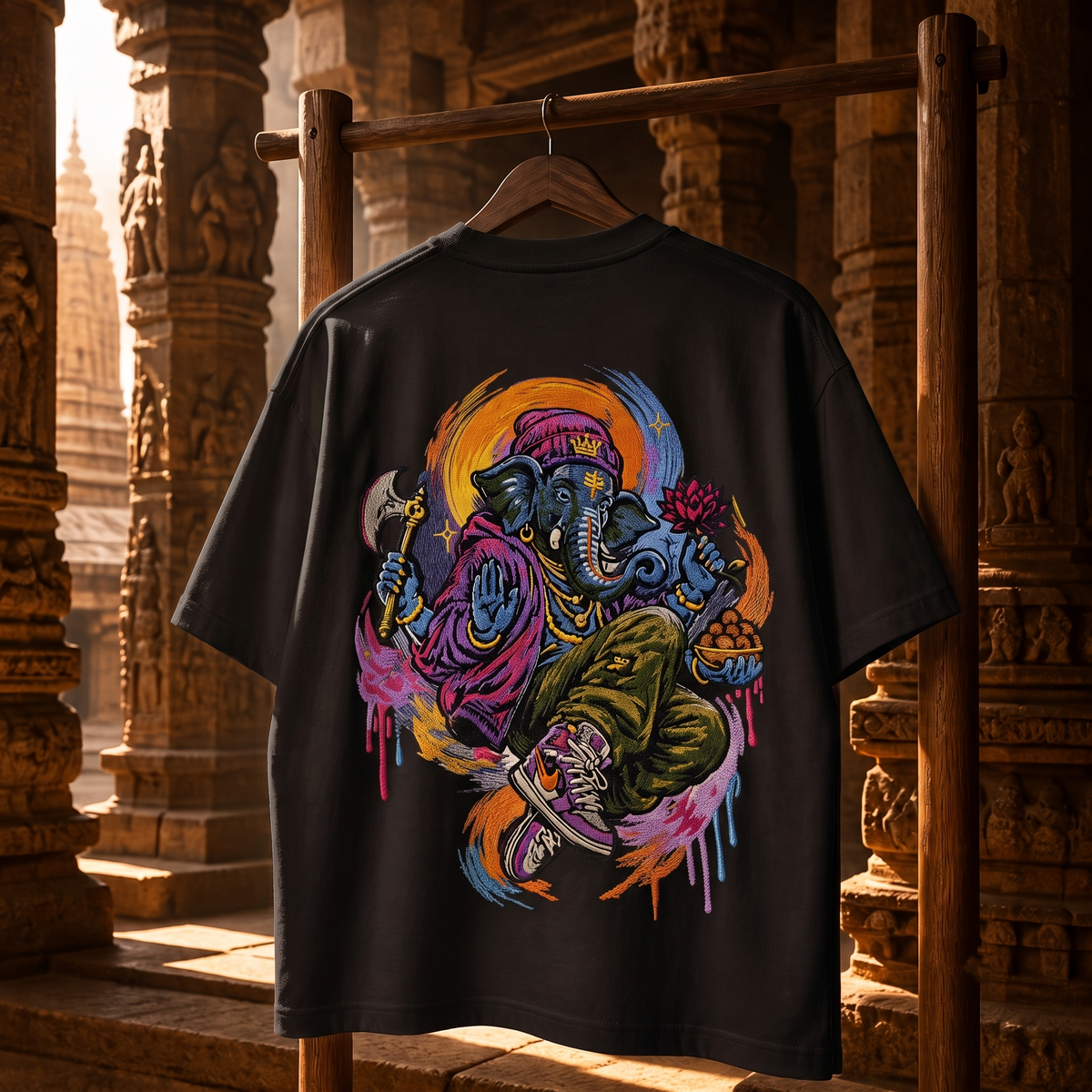 Lord Ganesha's Embroidered Oversized T-Shirt for Men BLACK | Spiritual Streetwear Tee