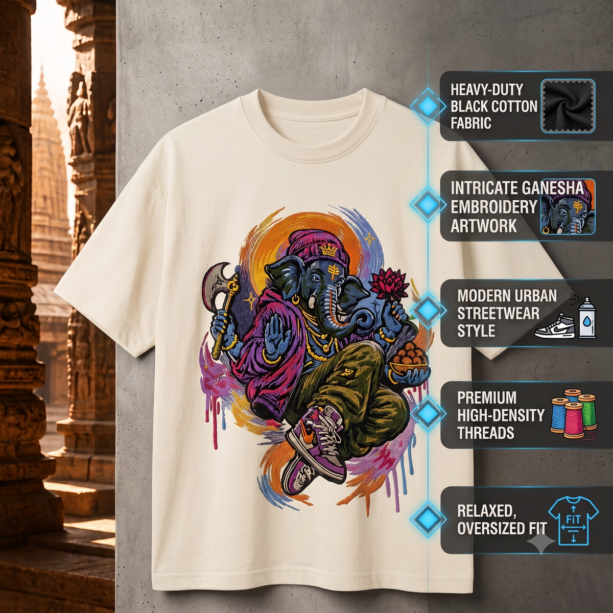Lord Ganesha's Embroidered Oversized T-Shirt for Men Off-White | Spiritual Streetwear Tee