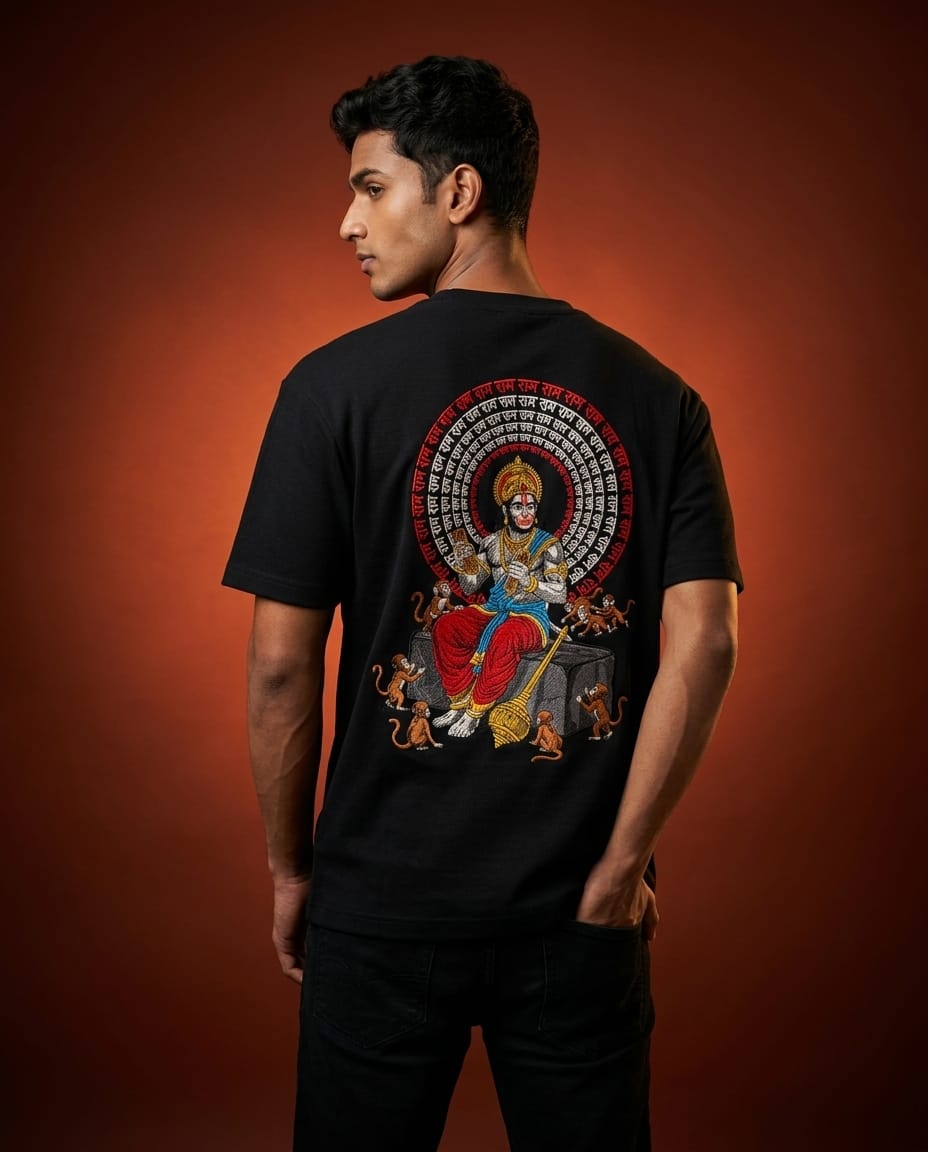 Lord Hanuman Embroidered Oversized Black T-Shirt for Men | Spiritual Streetwear Tee