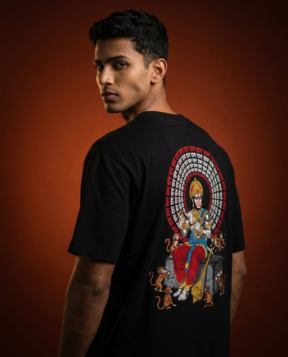 Lord Hanuman Embroidered Oversized Black T-Shirt for Men | Spiritual Streetwear Tee
