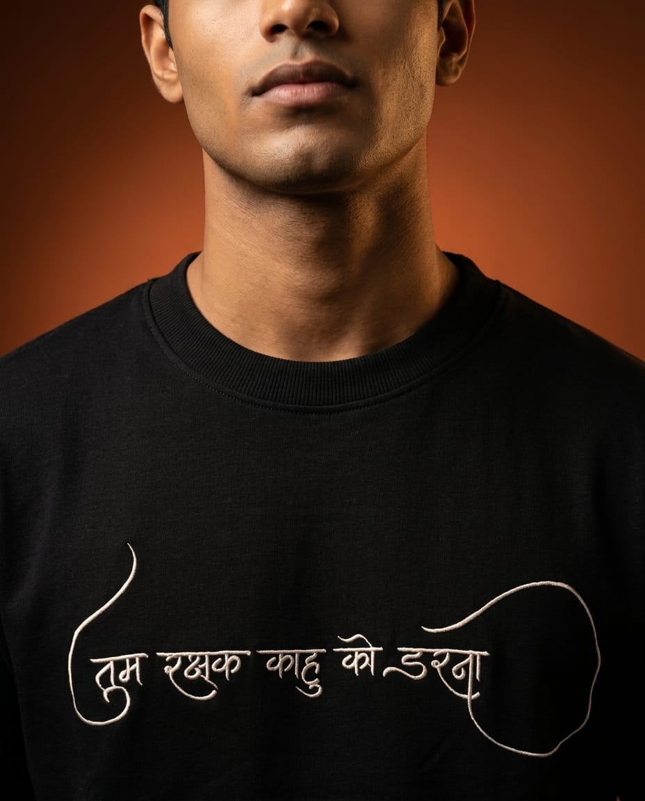 Lord Hanuman Embroidered Oversized Black T-Shirt for Men | Spiritual Streetwear Tee