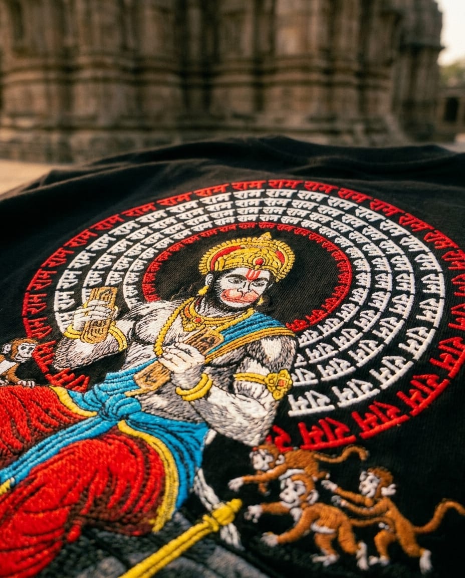 Lord Hanuman Embroidered Oversized Black T-Shirt for Men | Spiritual Streetwear Tee