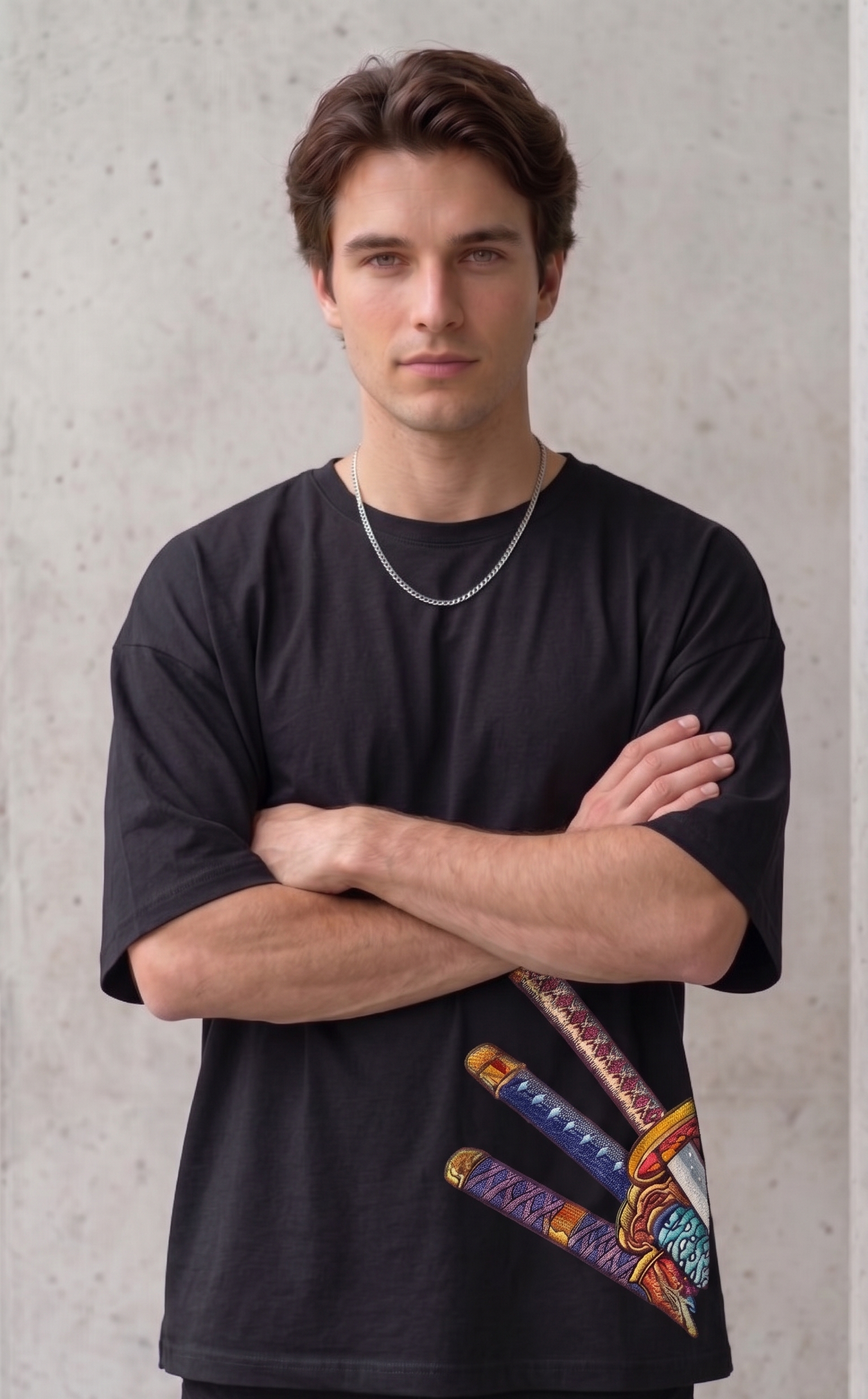 A male model wearing a premium  oversized t-shirt featuring three detailed katana hilts in high-density direct embroidery on the lower side