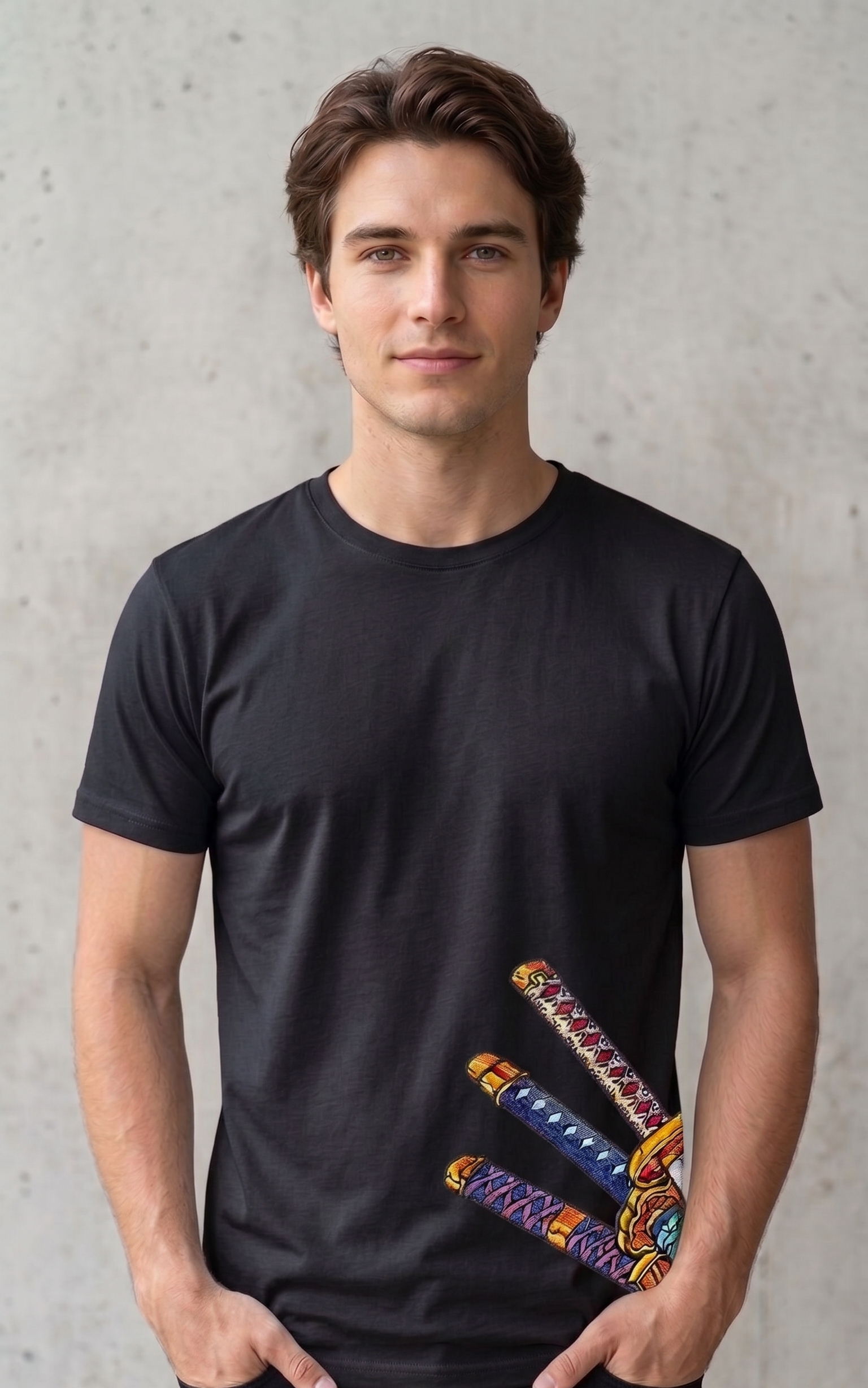 A male model wearing a premium  oversized t-shirt featuring three detailed katana hilts in high-density direct embroidery on the lower side