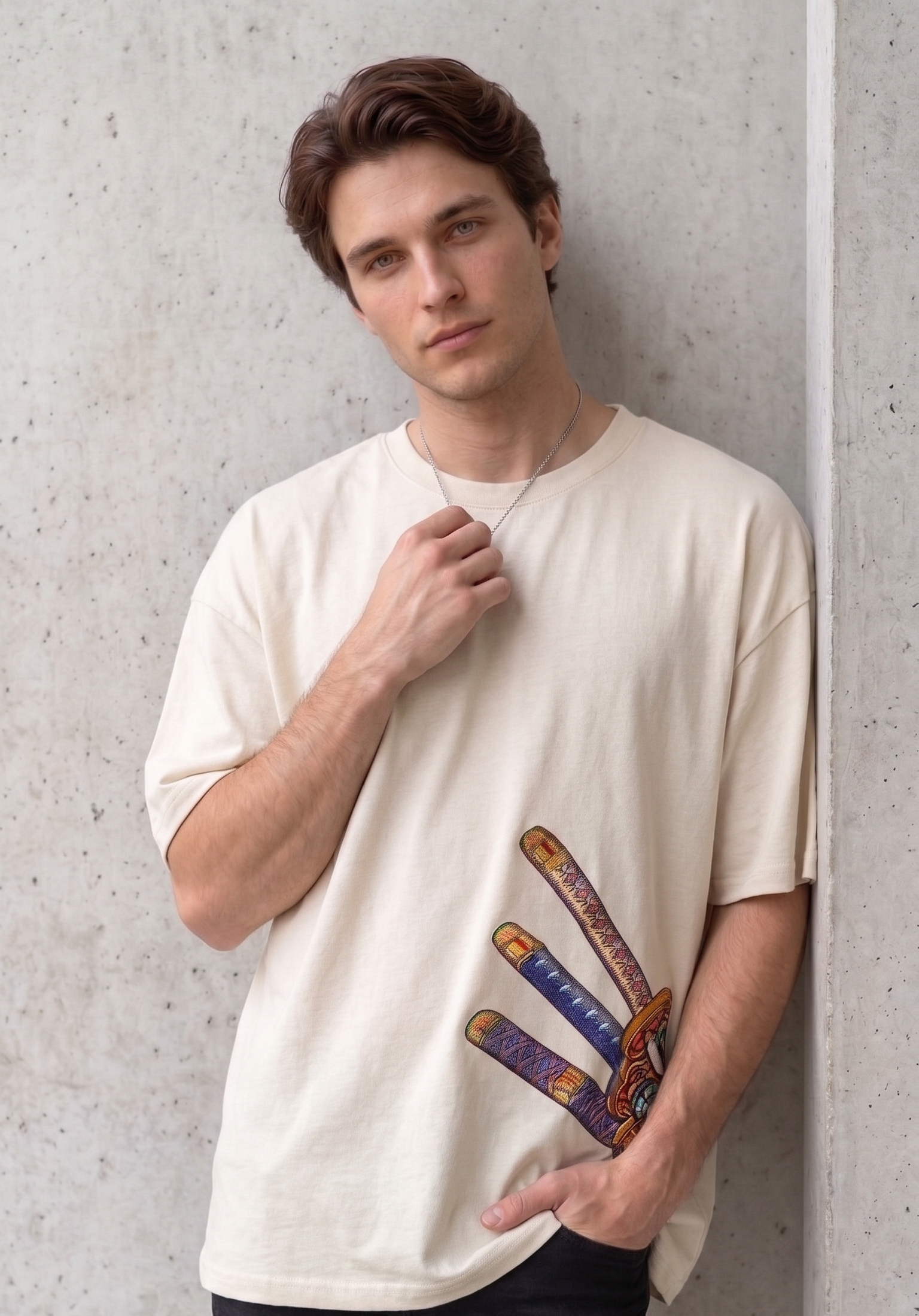 A male model wearing a premium off-white oversized t-shirt featuring three detailed katana hilts in high-density direct embroidery on the lower side