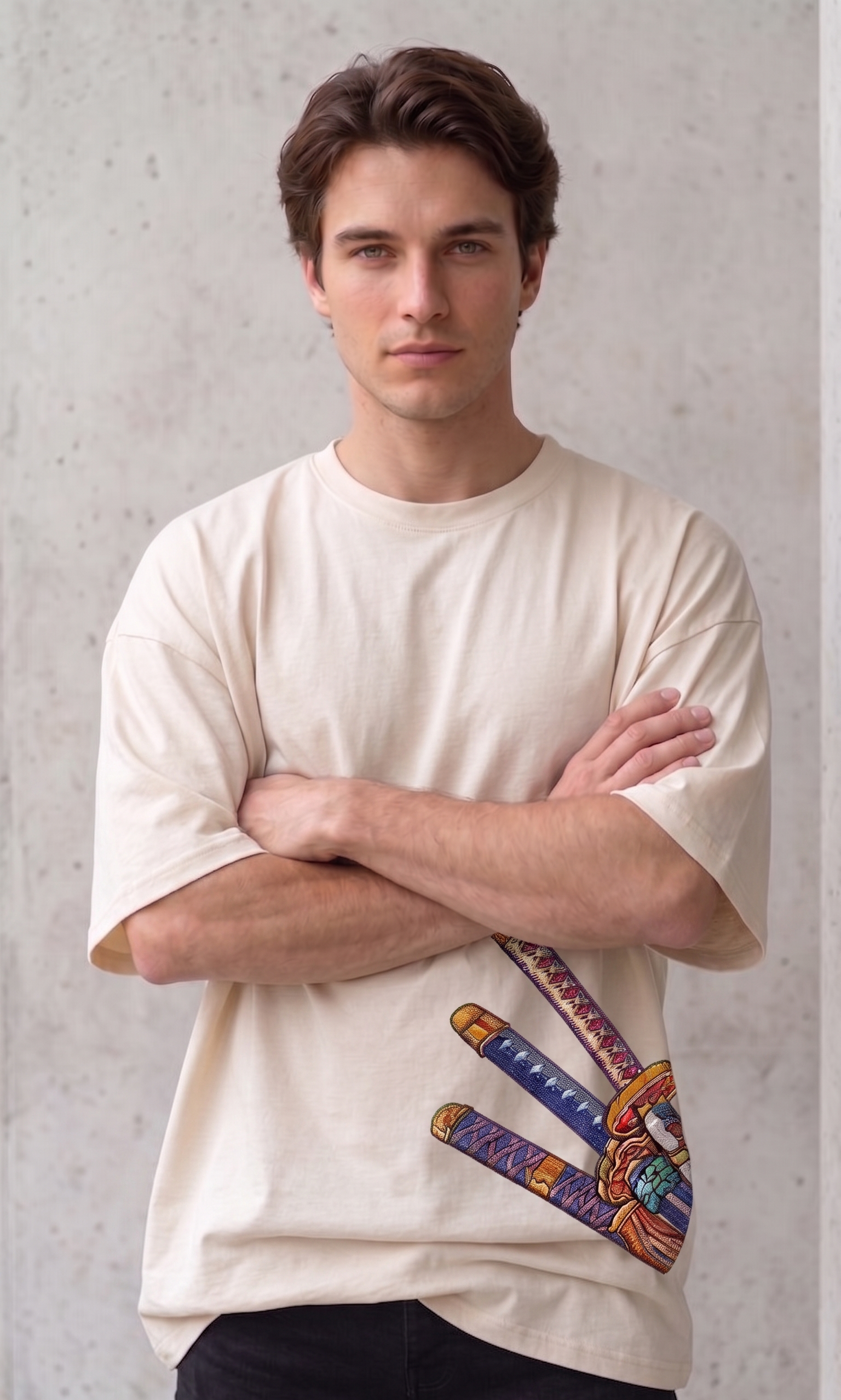 A male model wearing a premium off-white oversized t-shirt featuring three detailed katana hilts in high-density direct embroidery on the lower side