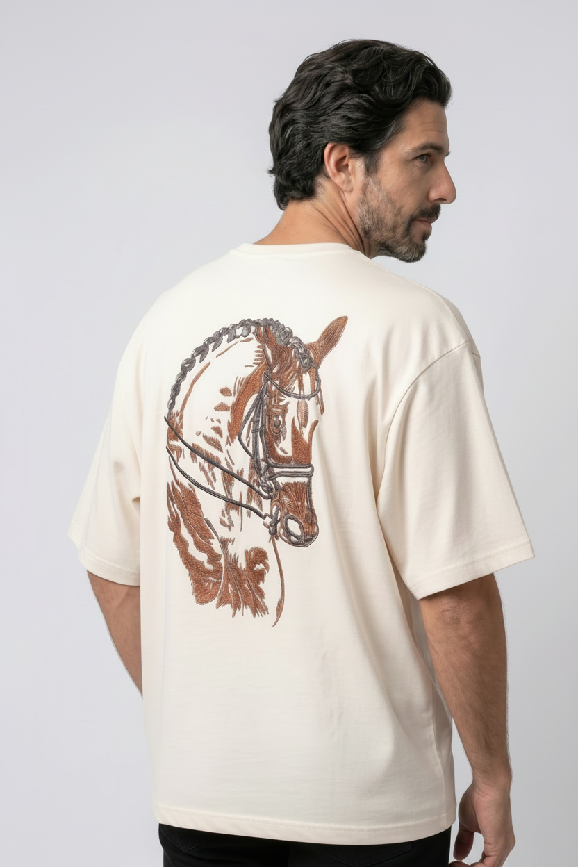 "Anetoonz premium off-white streetwear T-shirt for men with a custom equestrian-themed horse embroidery design on the back."