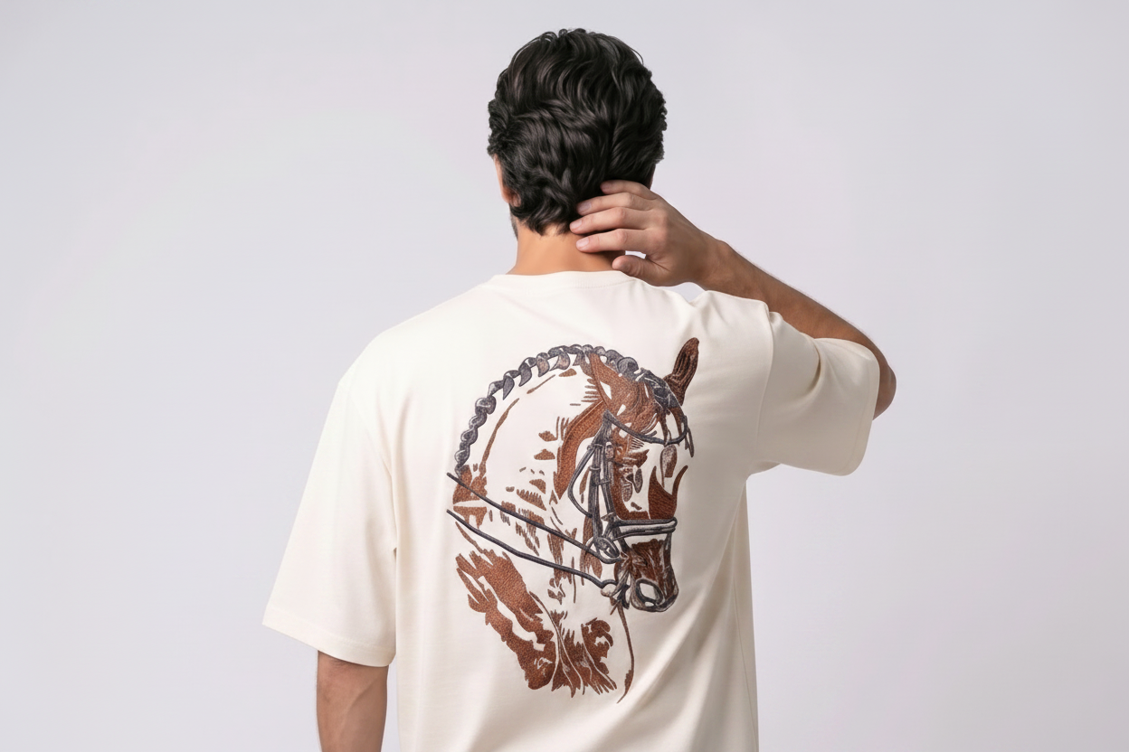 "Anetoonz premium off-white streetwear T-shirt for men with a custom equestrian-themed horse embroidery design on the back."