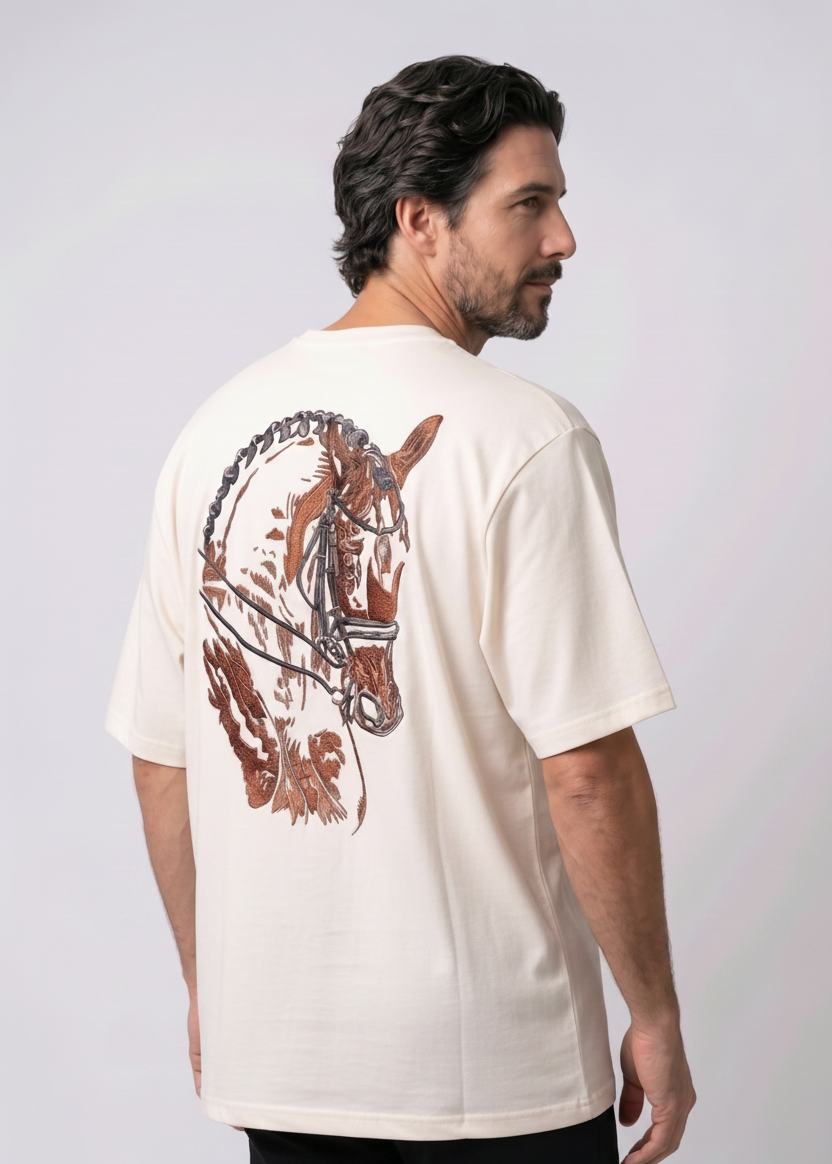 "Anetoonz premium off-white streetwear T-shirt for men with a custom equestrian-themed horse embroidery design on the back."