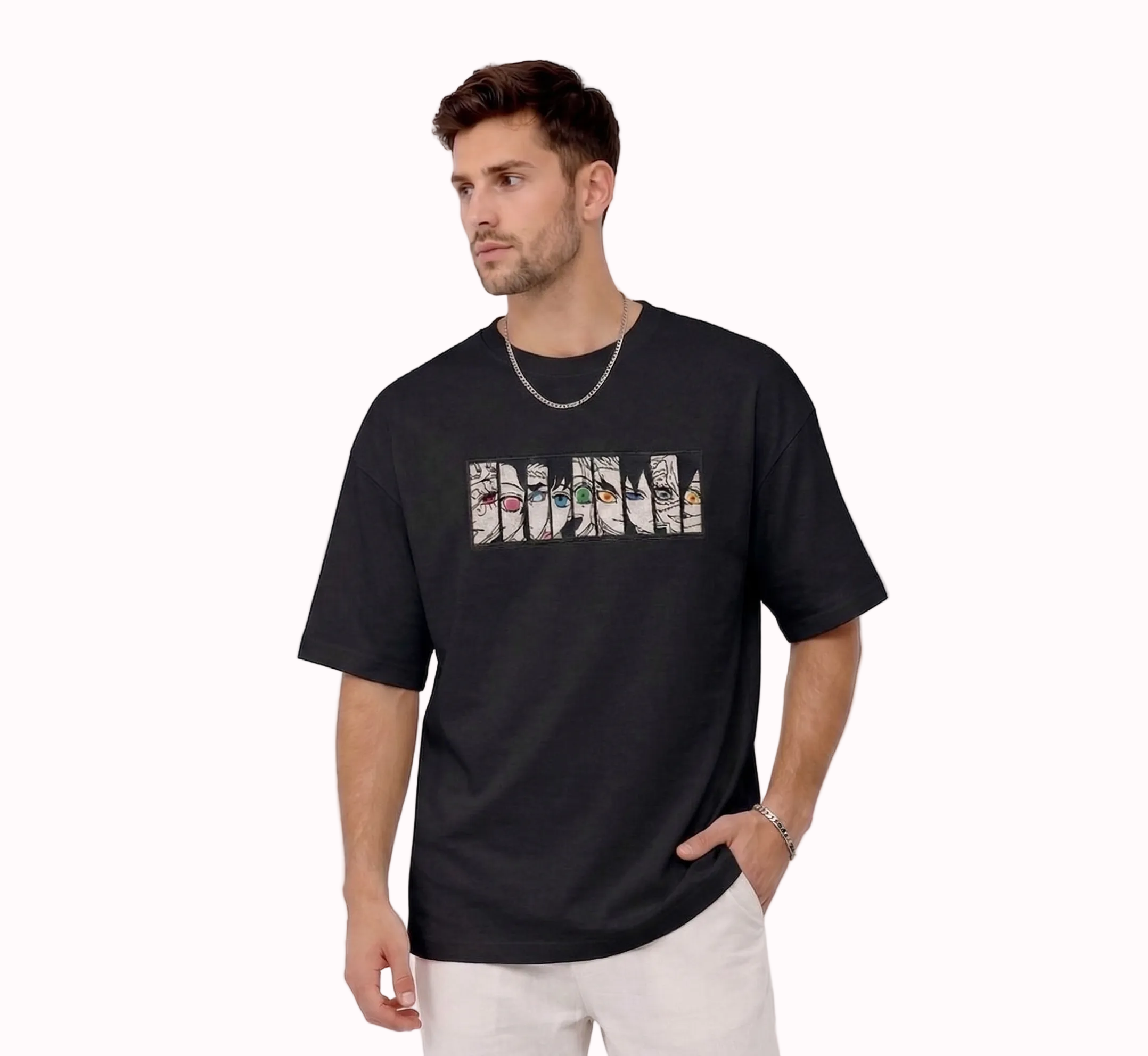 
"Anetoonz premium black oversized streetwear T-shirt for men with half sleeves and custom anime-themed embroidery."