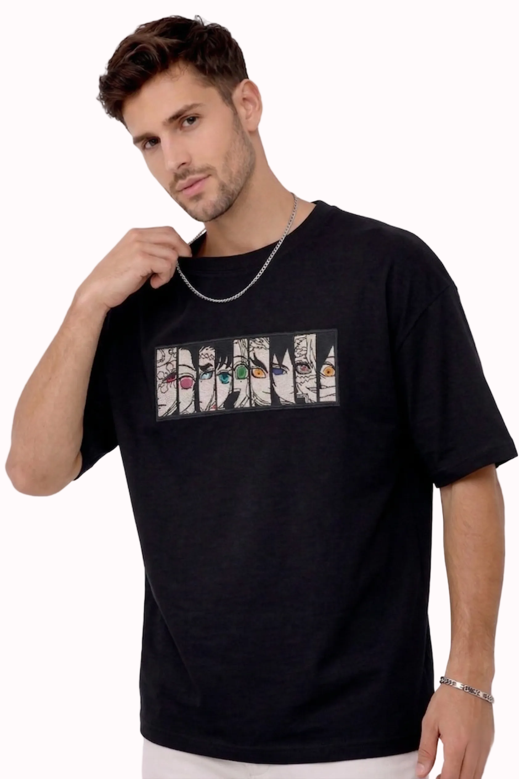 
"Anetoonz premium black oversized streetwear T-shirt for men with half sleeves and custom anime-themed embroidery."