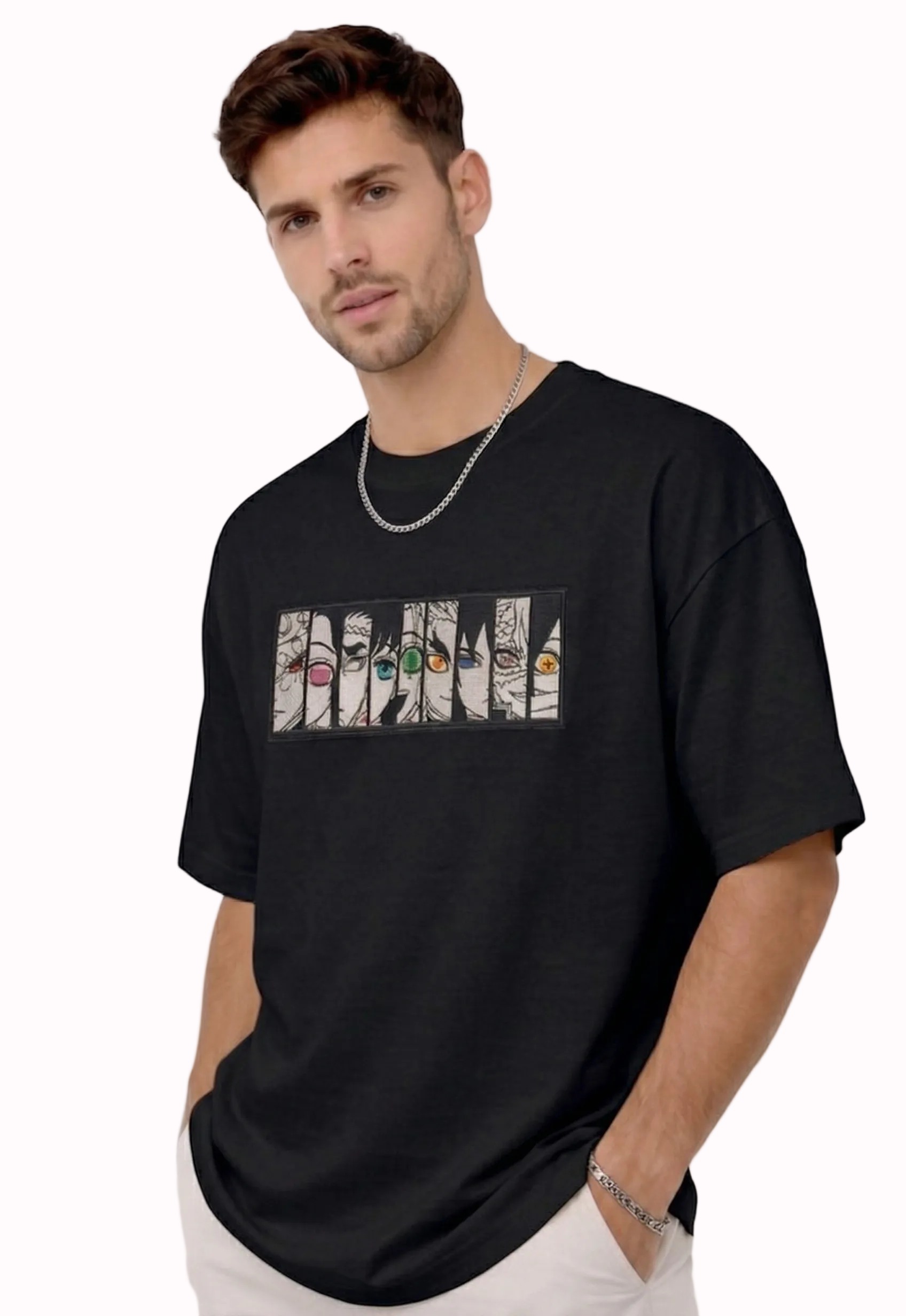 "Anetoonz premium black oversized streetwear T-shirt for men with half sleeves and custom anime-themed embroidery."