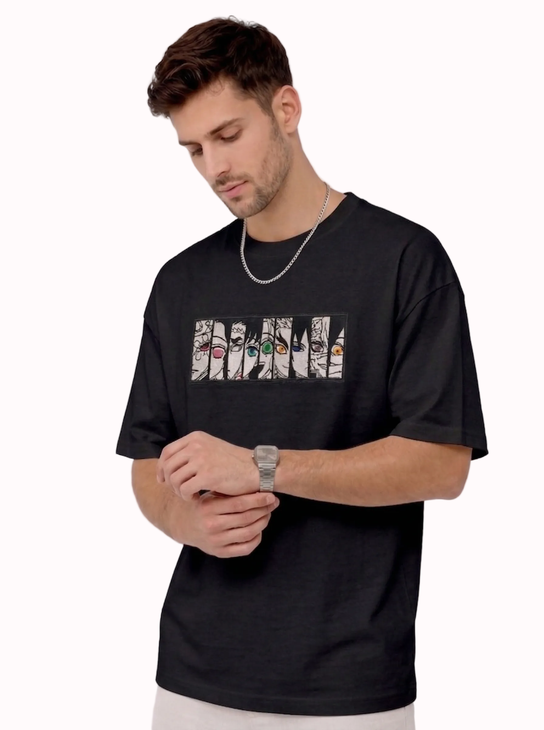 "Anetoonz premium black oversized streetwear T-shirt for men with half sleeves and custom anime-themed embroidery."