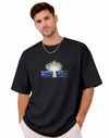 "Anetoonz premium black oversized streetwear T-shirt for men with half sleeves and custom anime-themed tree embroidery."